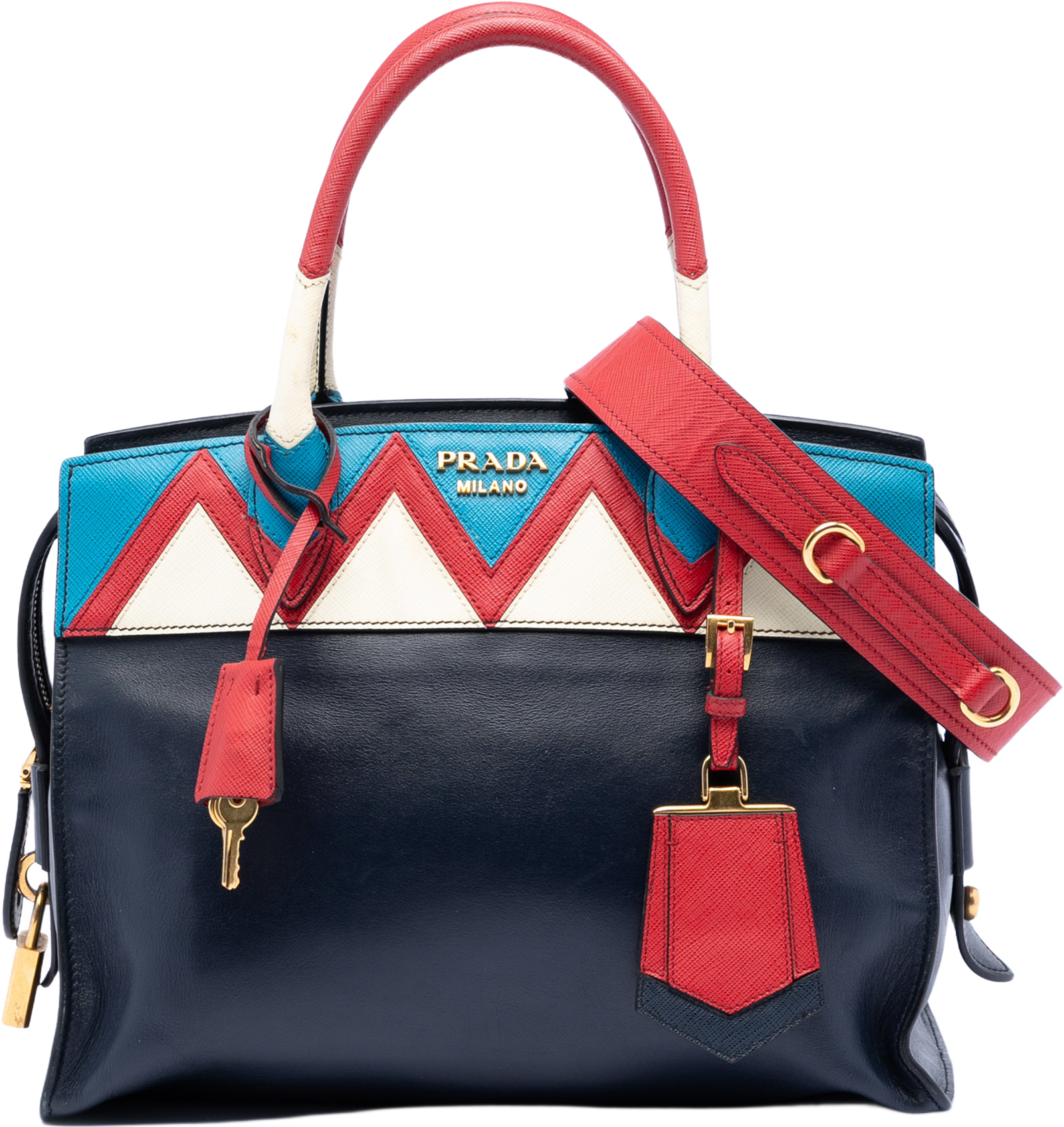 Prada Medium Saffiano Trimmed City Calf Greca Esplanade Satchel, från Luxclusif, i färgen navy. Klicka för att öppna bilden i stort format