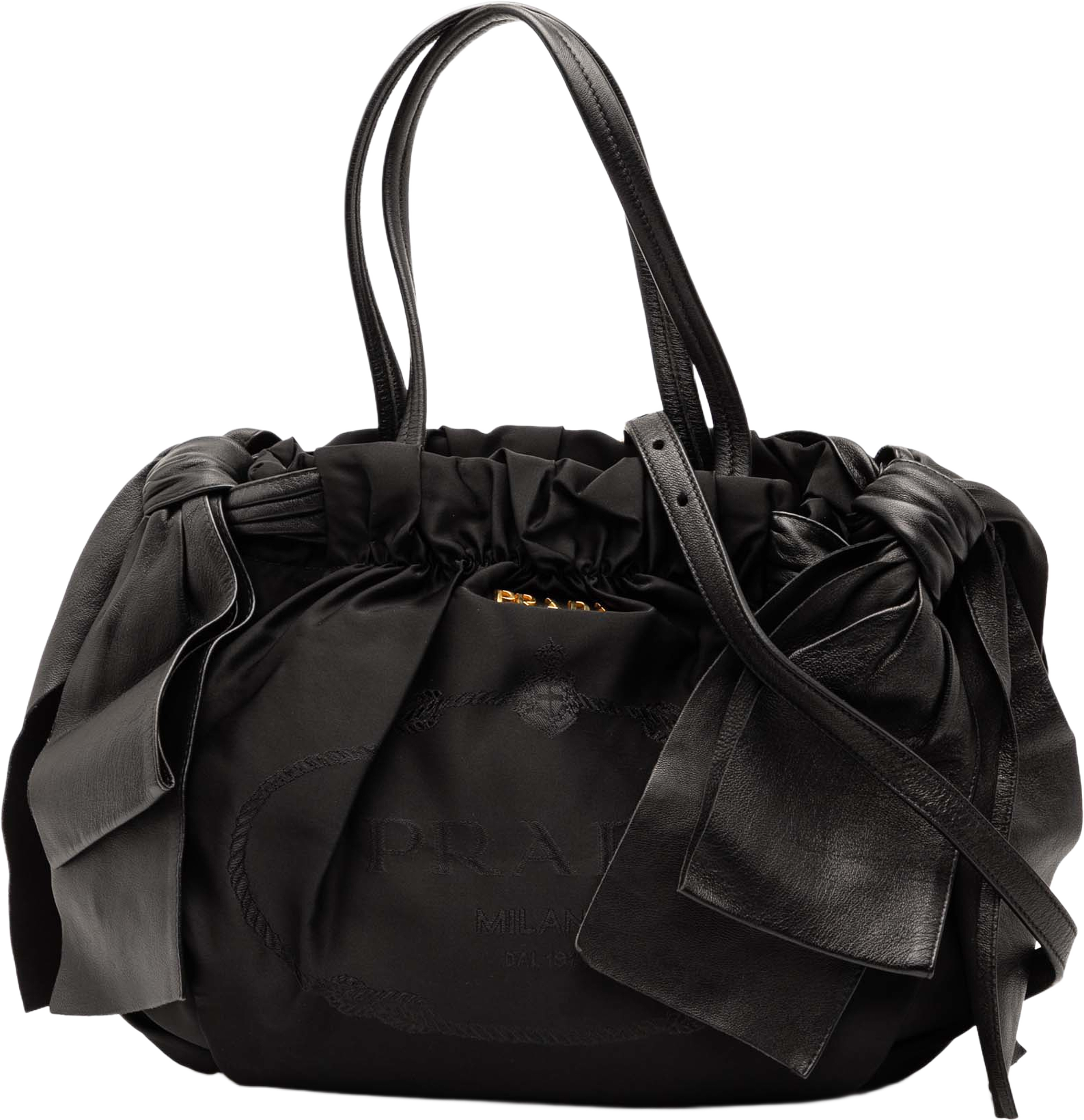 Prada Tessuto Logo Bow Satchel, från Luxclusif, i färgen black. Klicka för att öppna bilden i stort format
