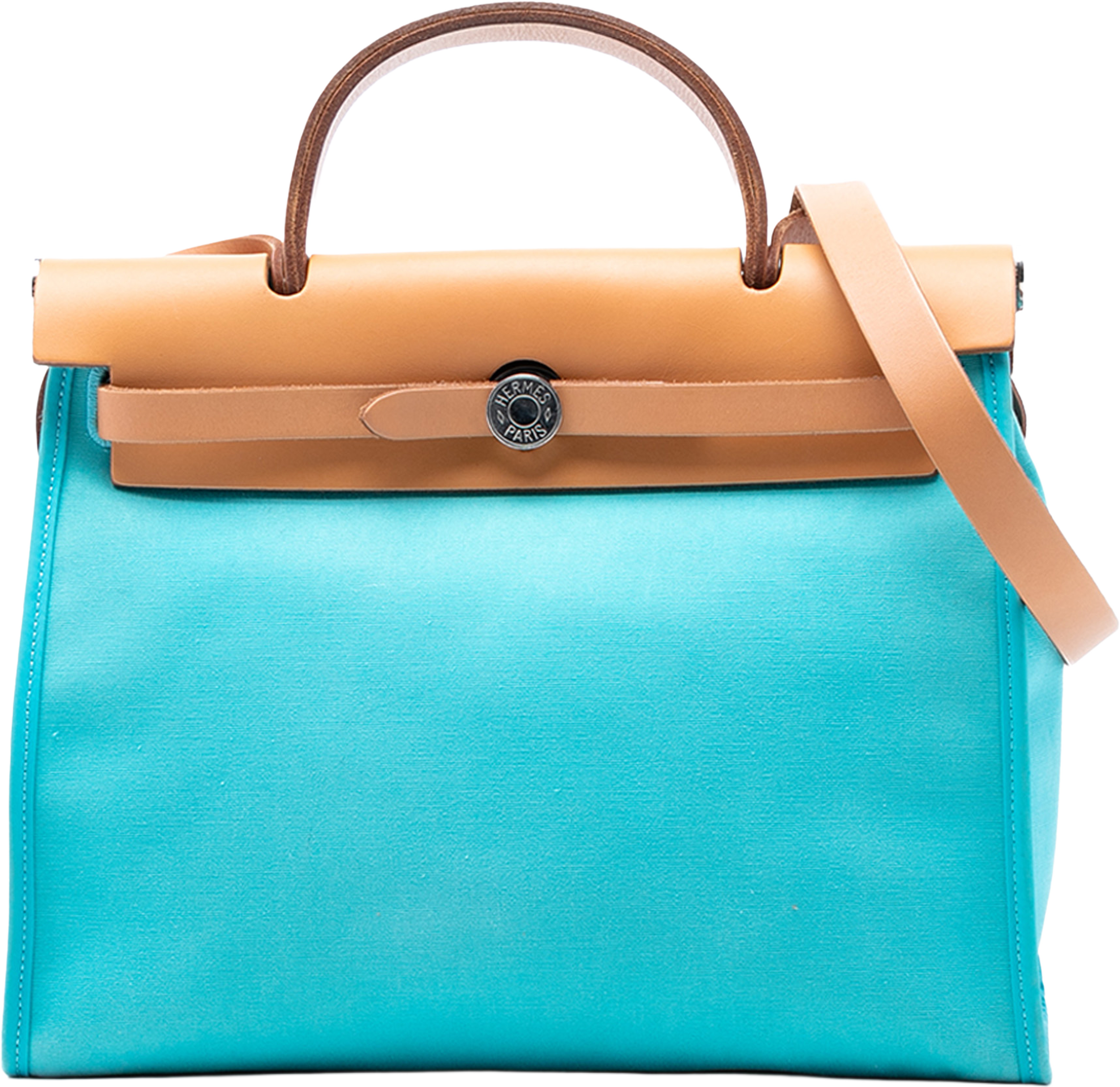 Hermès Toile Herbag Zip 31, från Luxclusif, i färgen aqua. Klicka för att öppna bilden i stort format