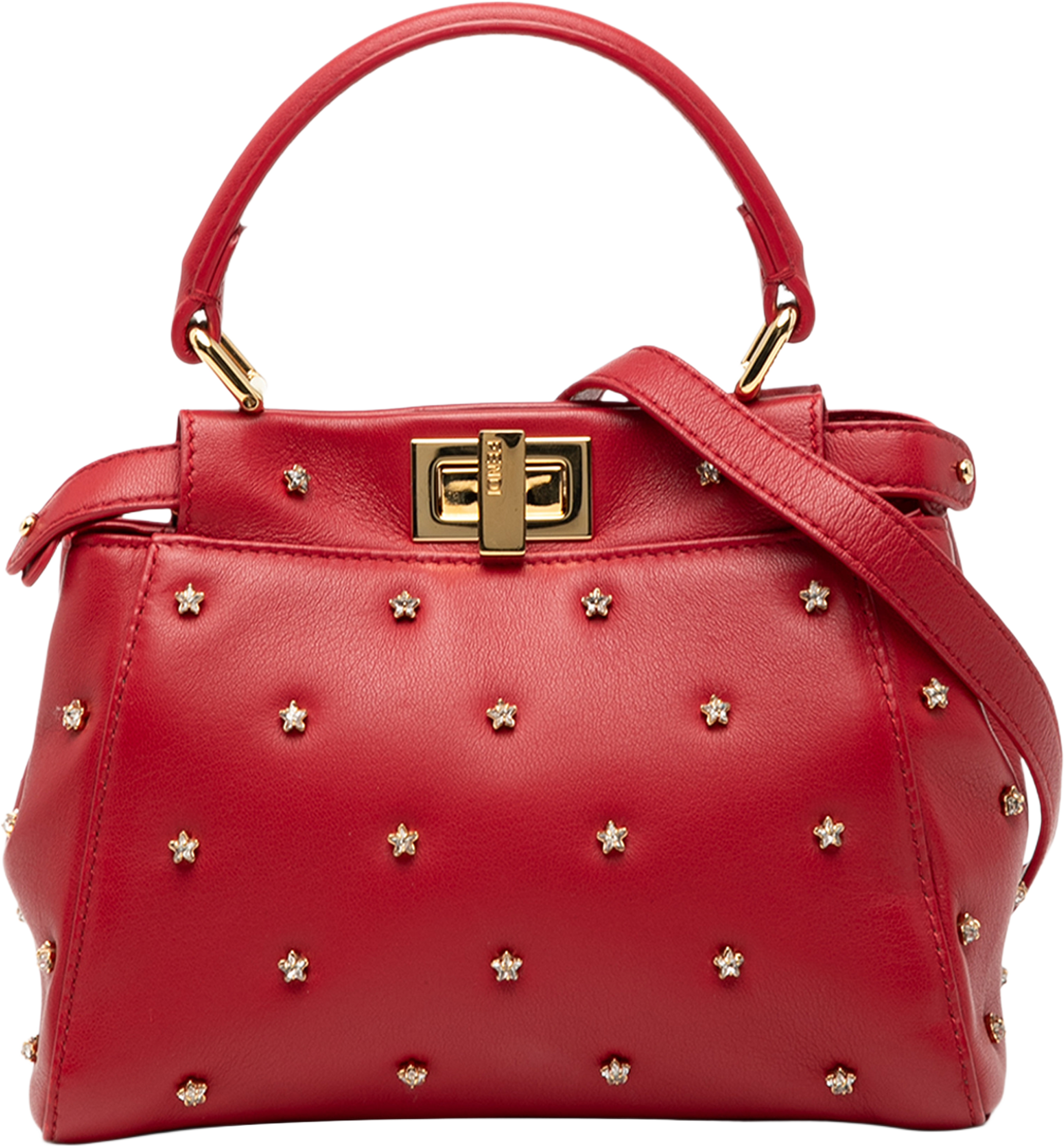Fendi Xs Crystal Star Studded Peekaboo Iconic Satchel, från Luxclusif, i färgen red. Klicka för att öppna bilden i stort format