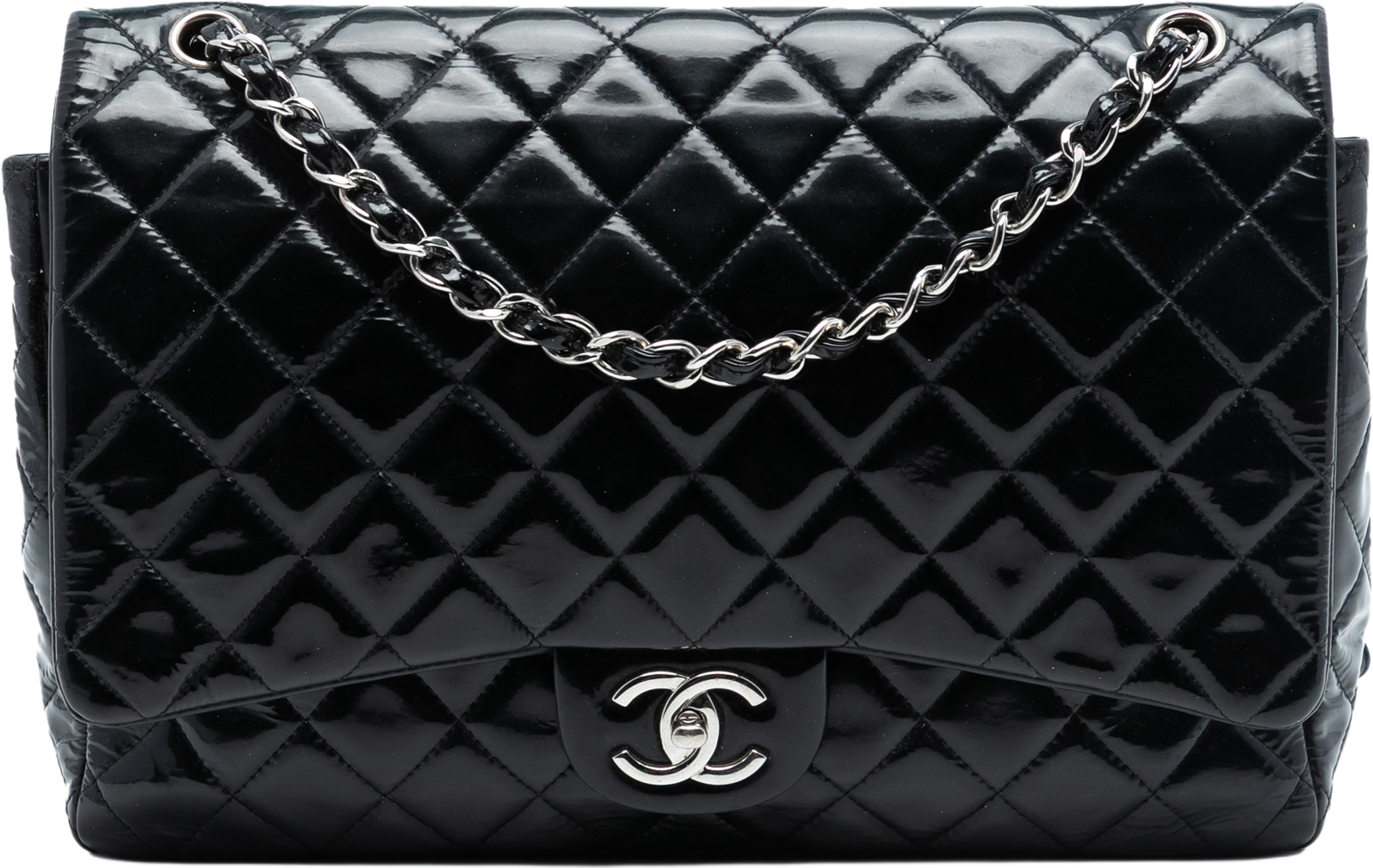 Chanel Jumbo Classic Patent Double Flap, från Luxclusif, i färgen black. Klicka för att öppna bilden i stort format