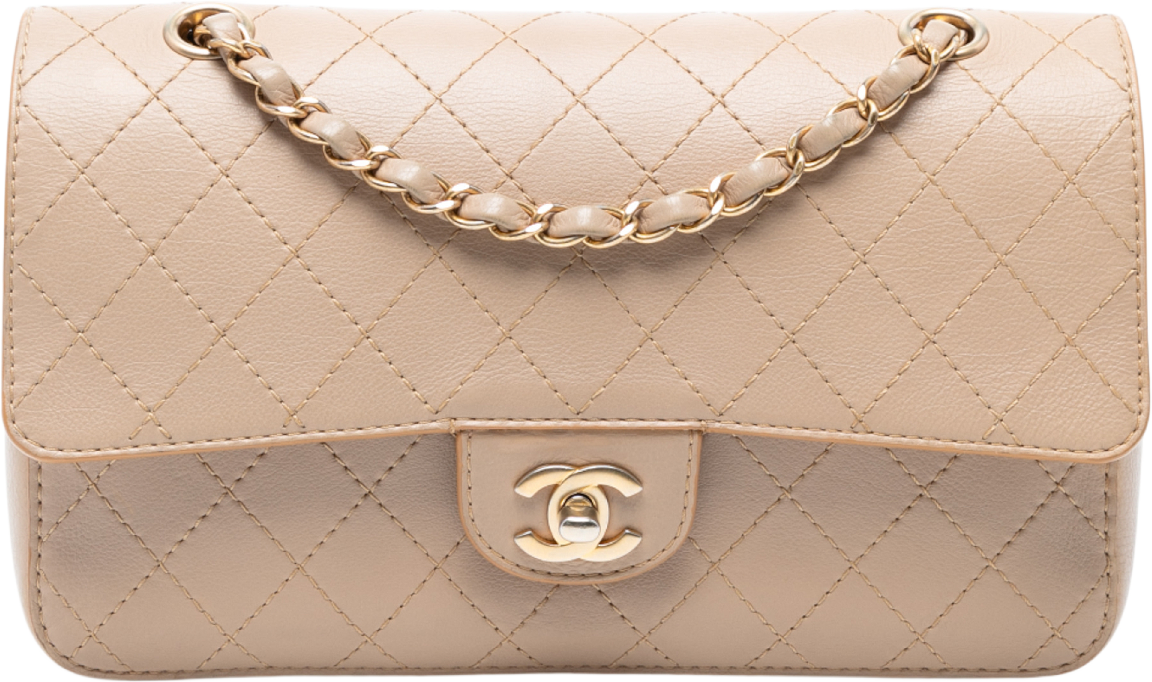 Chanel Medium Classic Calfskin Wild Stitch Double Flap, från Luxclusif, i färgen beige. Klicka för att öppna bilden i stort format