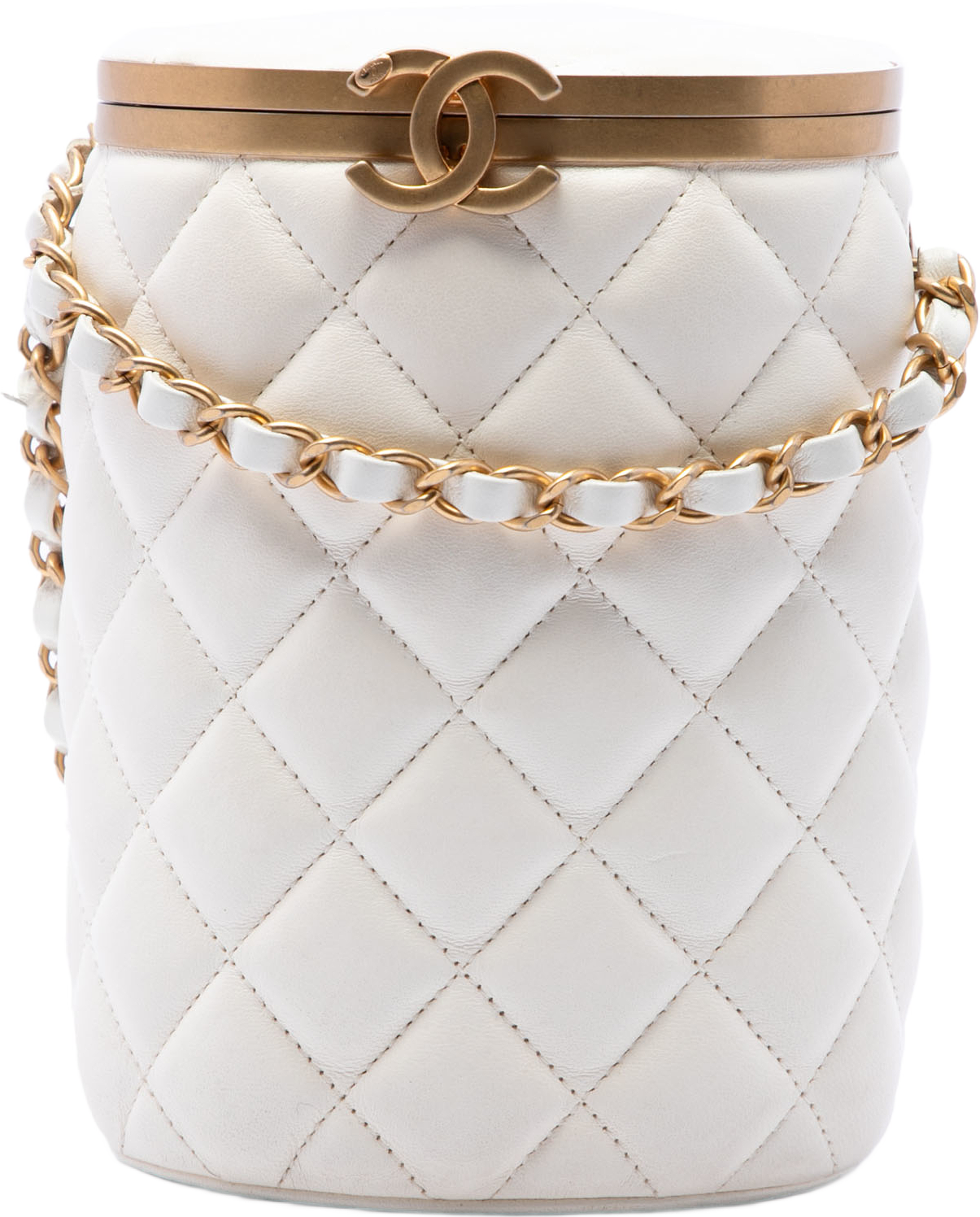 Chanel Small Quilted Lambskin Crown Box Bag, från Luxclusif, i färgen vit. Klicka för att öppna bilden i stort format