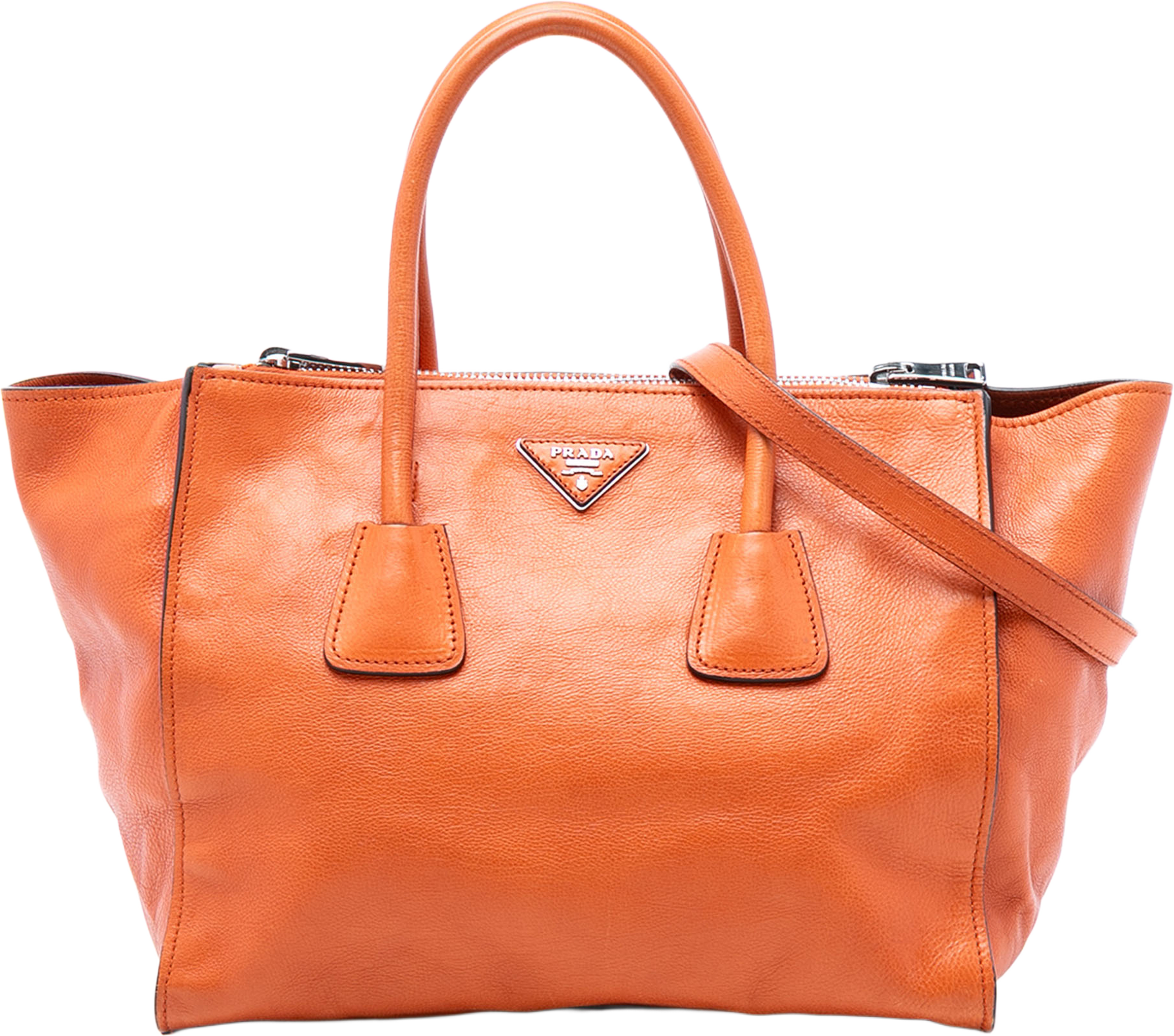 Prada Glace Calf Twin Pocket Satchel, från Luxclusif, i färgen orange. Klicka för att öppna bilden i stort format