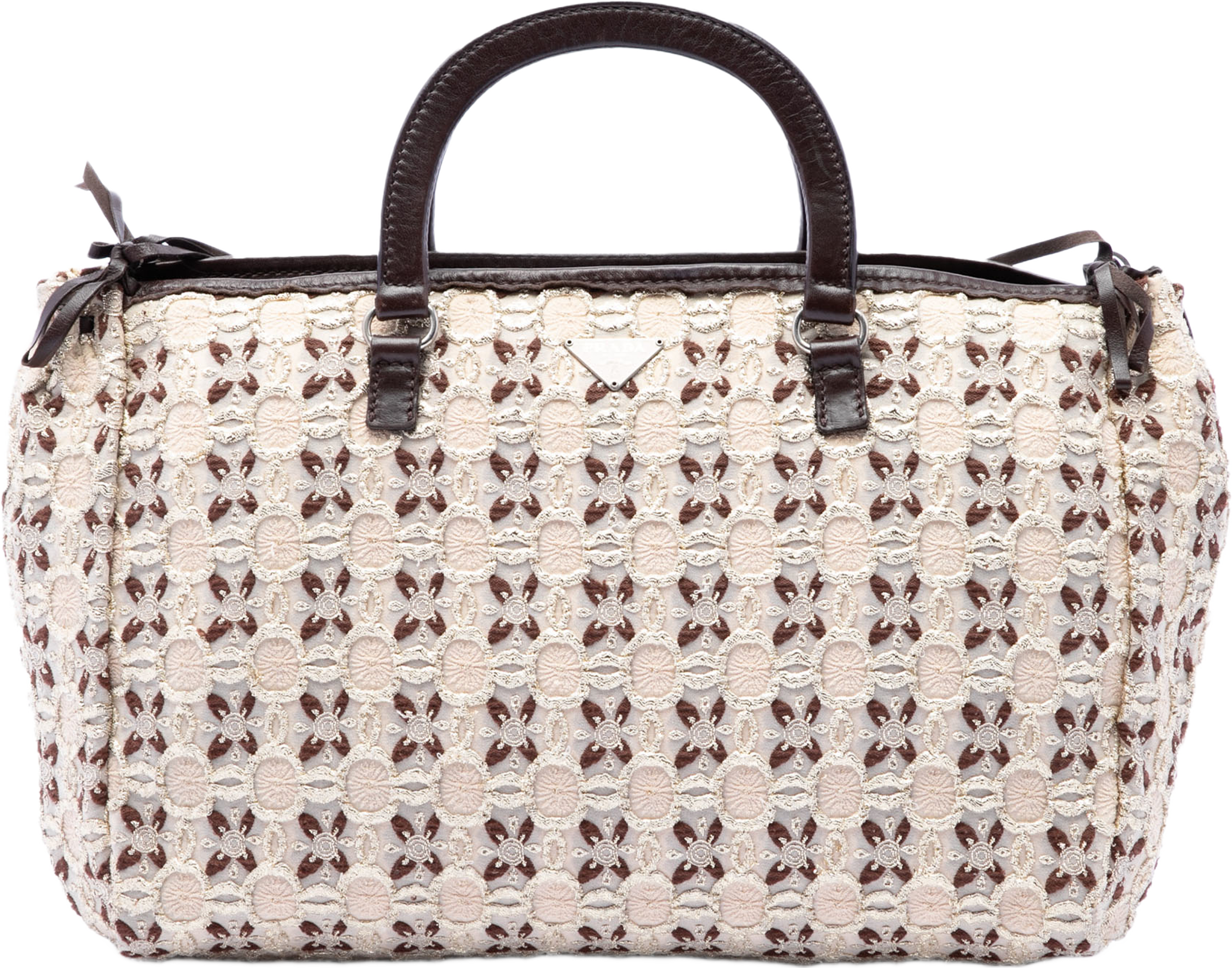 Prada Canvas Bow Cloquet Handle Bag, från Luxclusif, i färgen light beige. Klicka för att öppna bilden i stort format