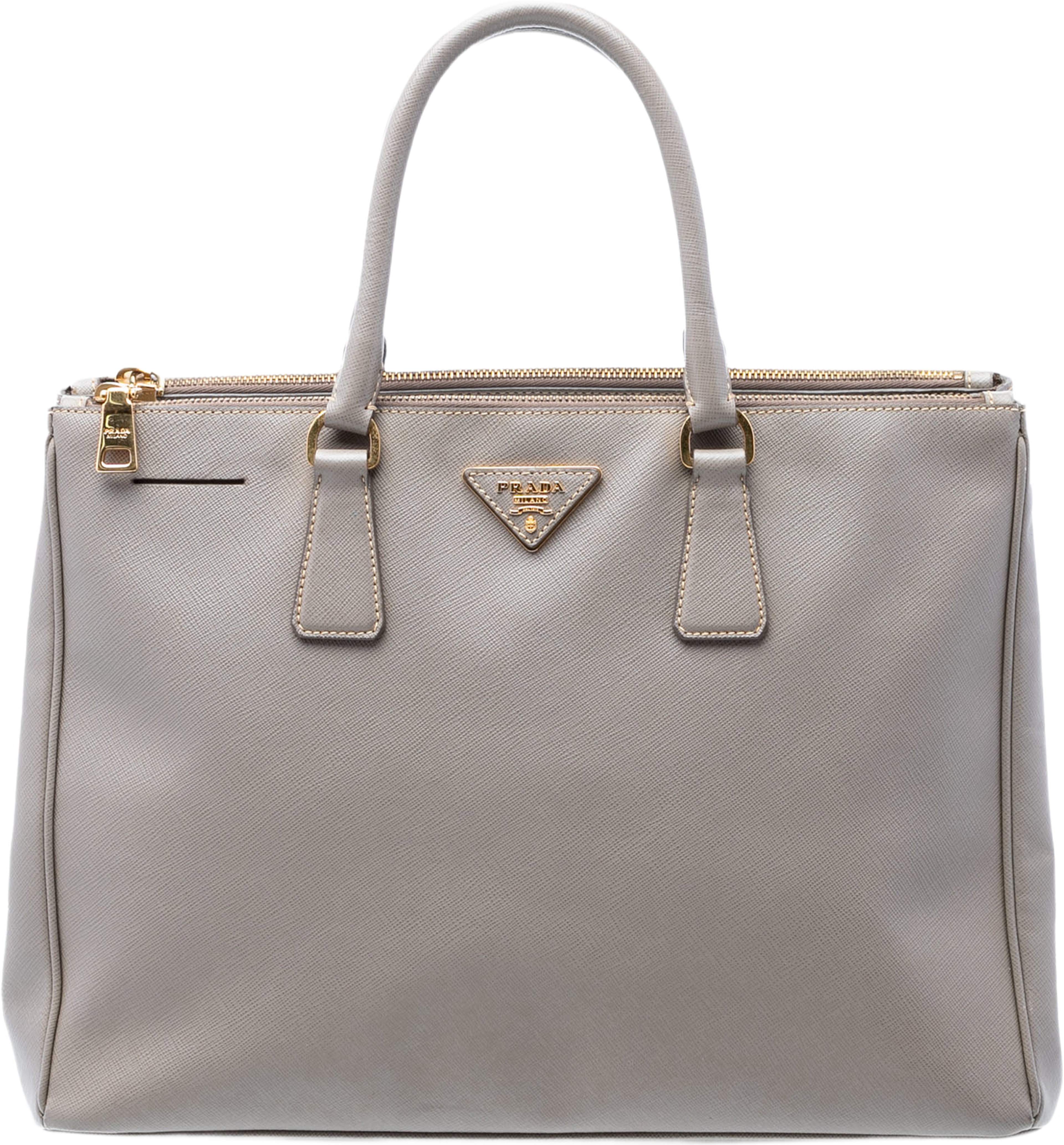 Prada Large Saffiano Lux Galleria Double Zip Tote, från Luxclusif, i färgen gray. Klicka för att öppna bilden i stort format