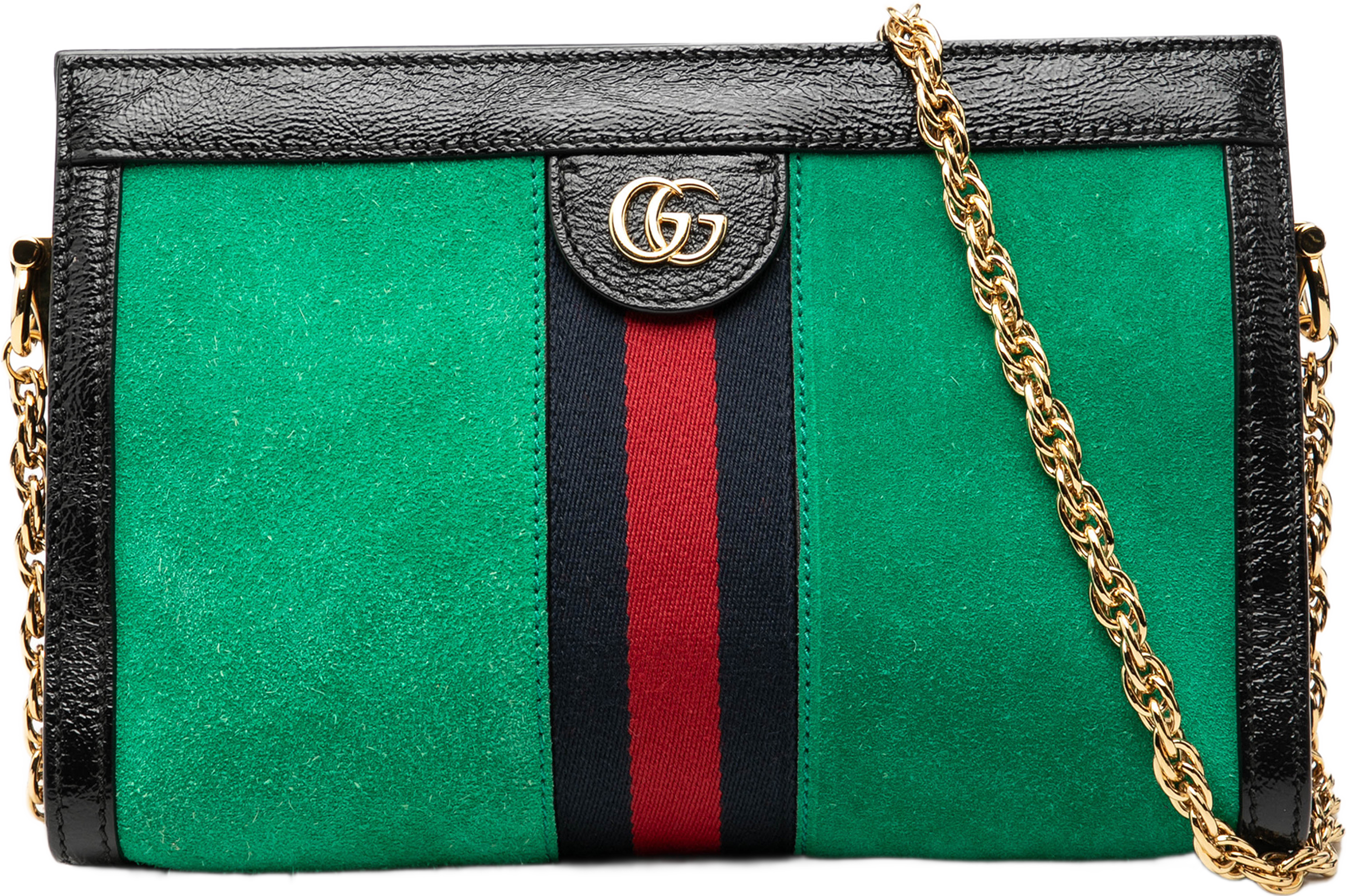 Gucci Small Suede Web Ophidia Chain Crossbody, från Luxclusif, i färgen green. Klicka för att öppna bilden i stort format
