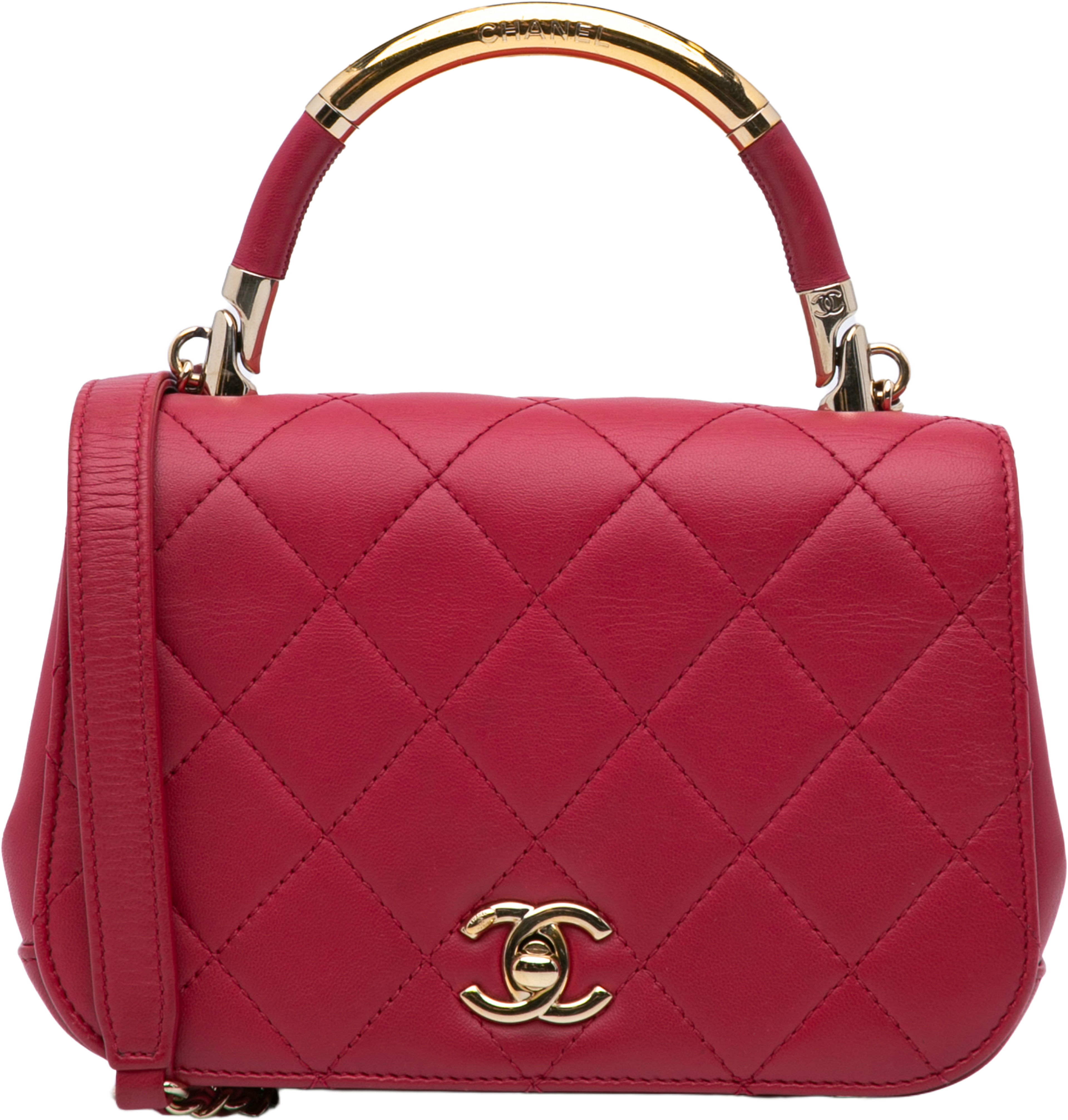 Chanel Mini Quilted Lambskin Carry Chic Flap, från Luxclusif, i färgen dark pink. Klicka för att öppna bilden i stort format