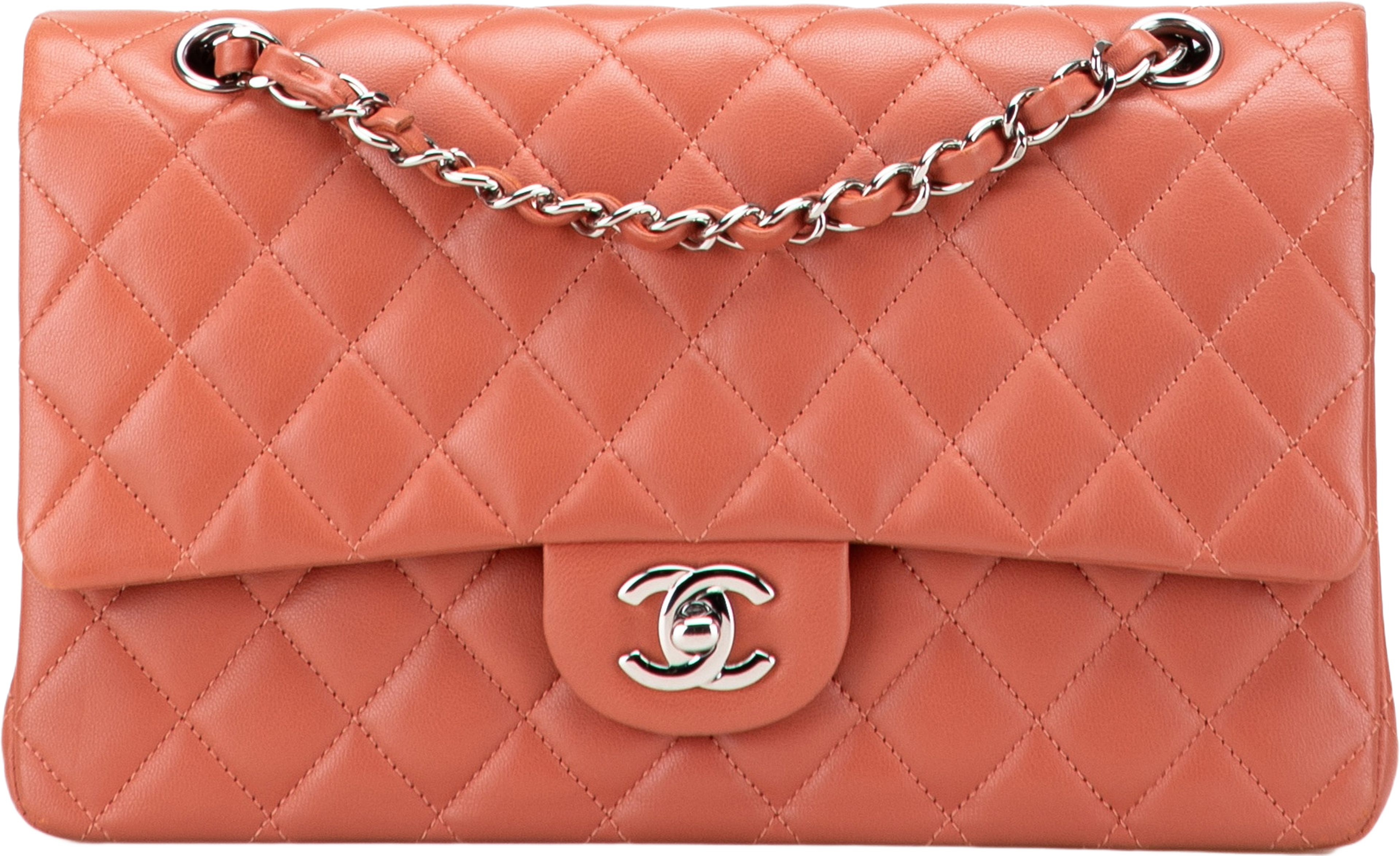 Chanel Medium Classic Lambskin Double Flap, från Luxclusif, i färgen orange. Klicka för att öppna bilden i stort format