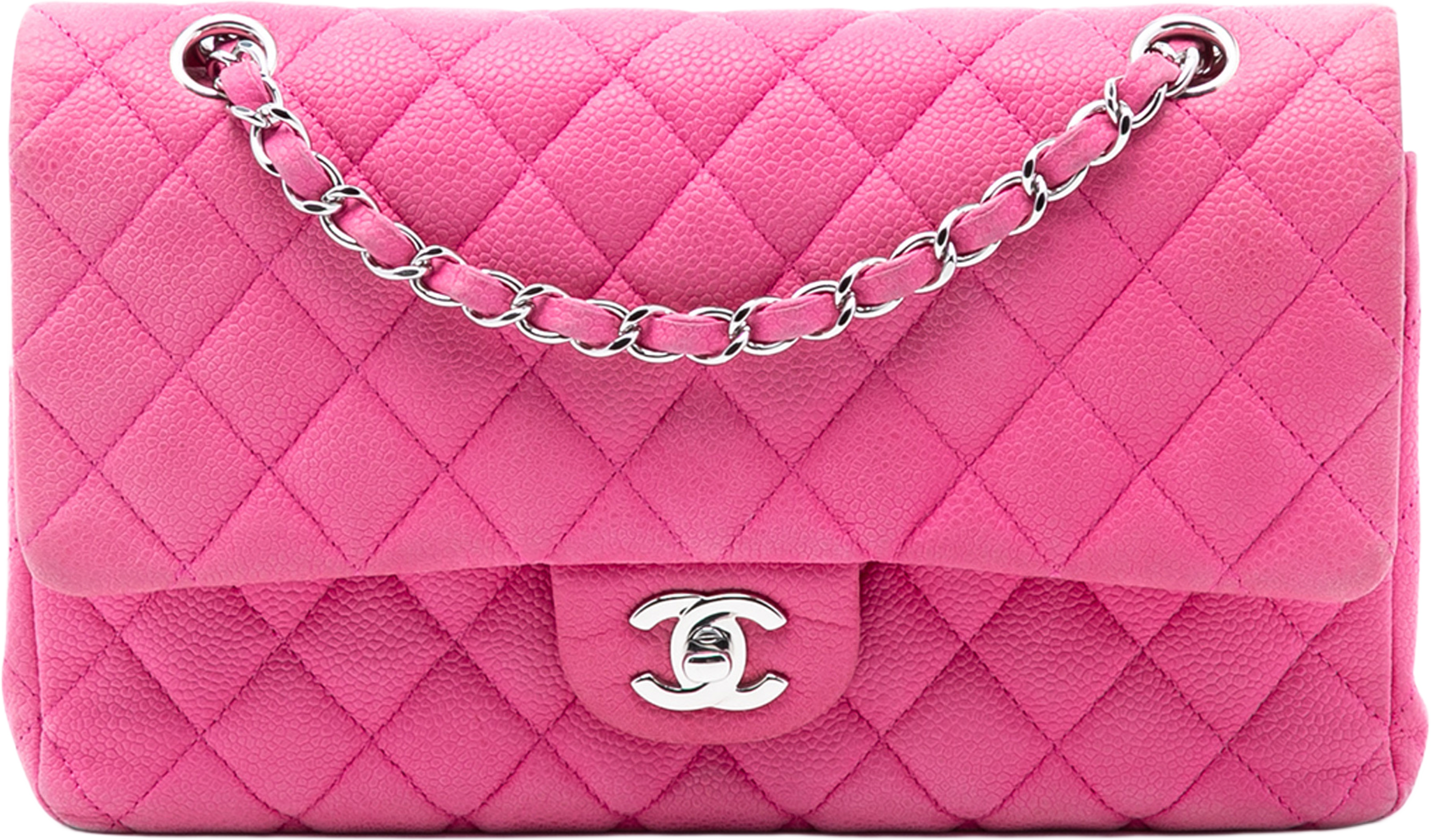 Chanel Medium Classic Caviar Double Flap, från Luxclusif, i färgen hot pink. Klicka för att öppna bilden i stort format