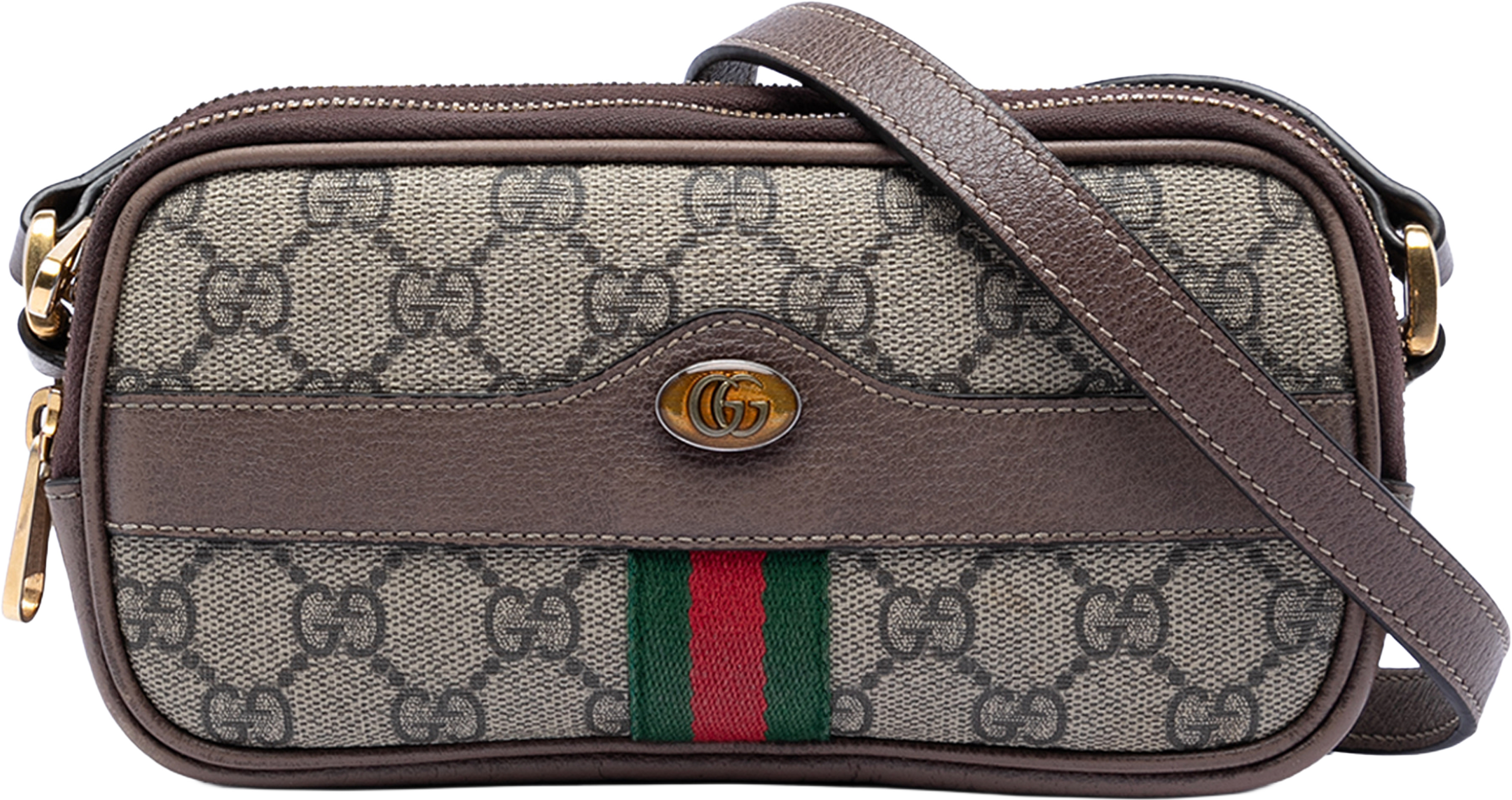 Gucci Mini Gg Supreme Web Ophidia Triple Zip Crossbody, från Luxclusif, i färgen beige. Klicka för att öppna bilden i stort format