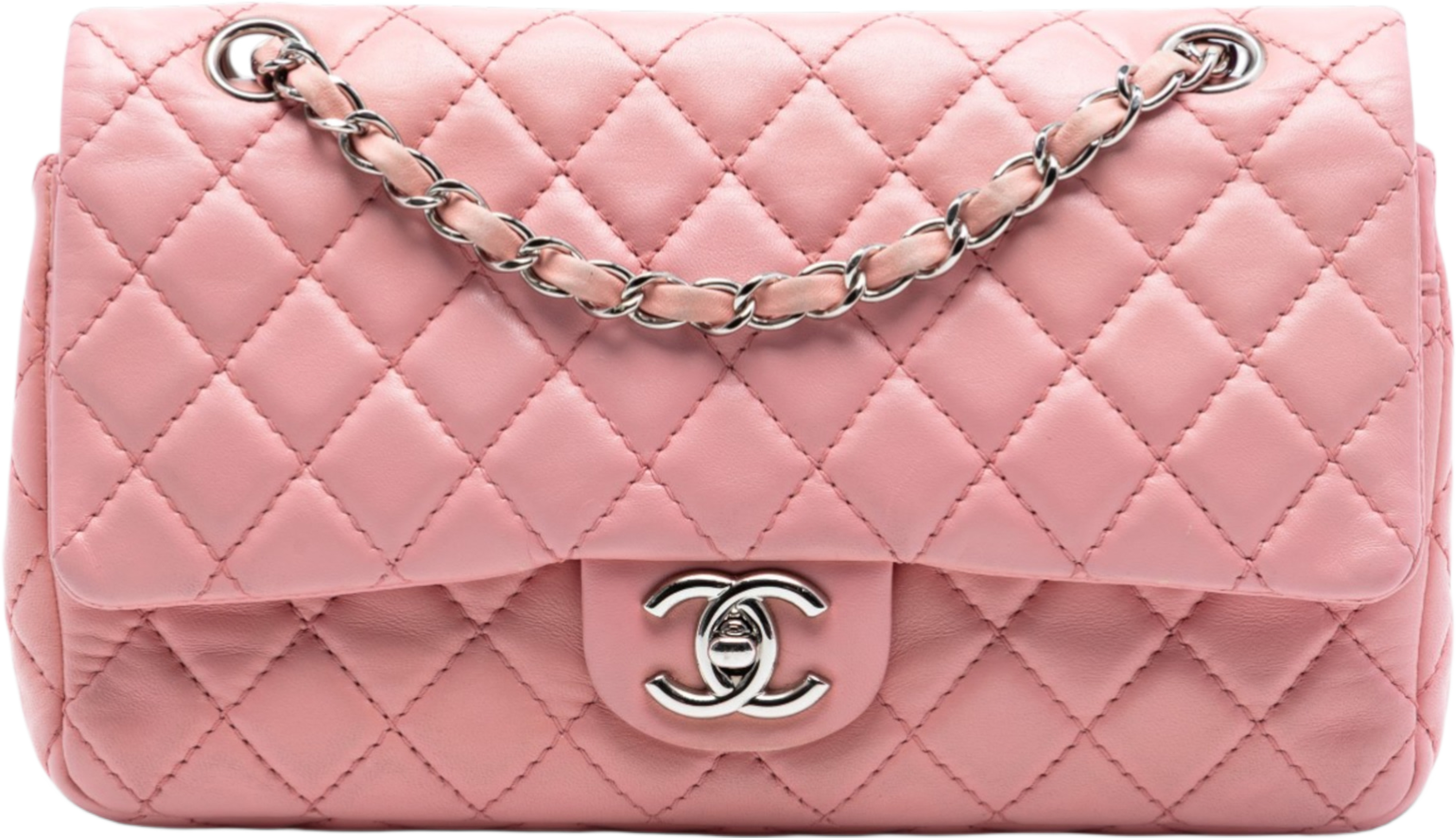 Chanel Medium Classic Lambskin Double Flap, från Luxclusif, i färgen pink. Klicka för att öppna bilden i stort format