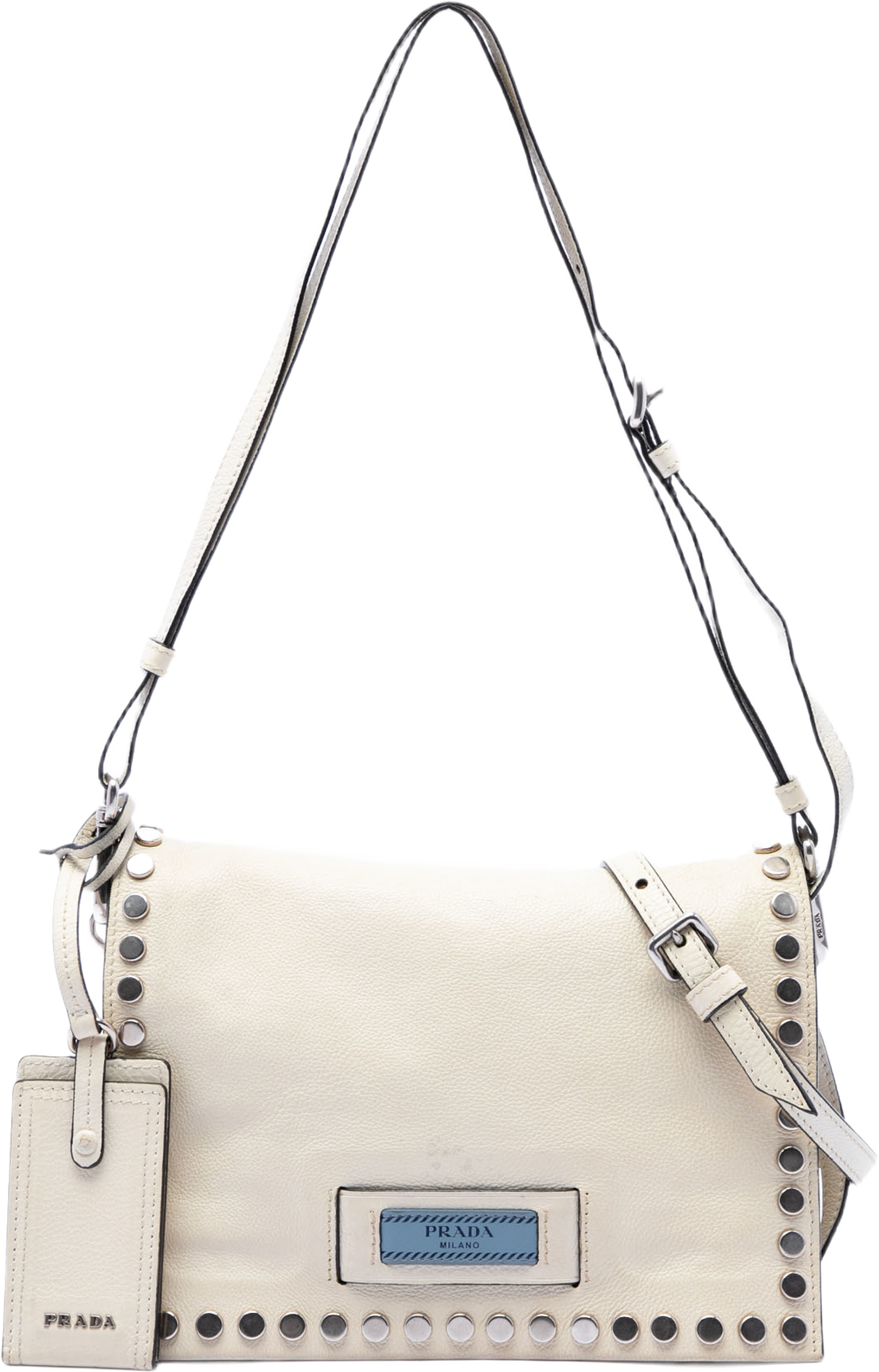 Prada Glace Calfskin Studded Etiquette Flap, från Luxclusif, i färgen ivory. Klicka för att öppna bilden i stort format