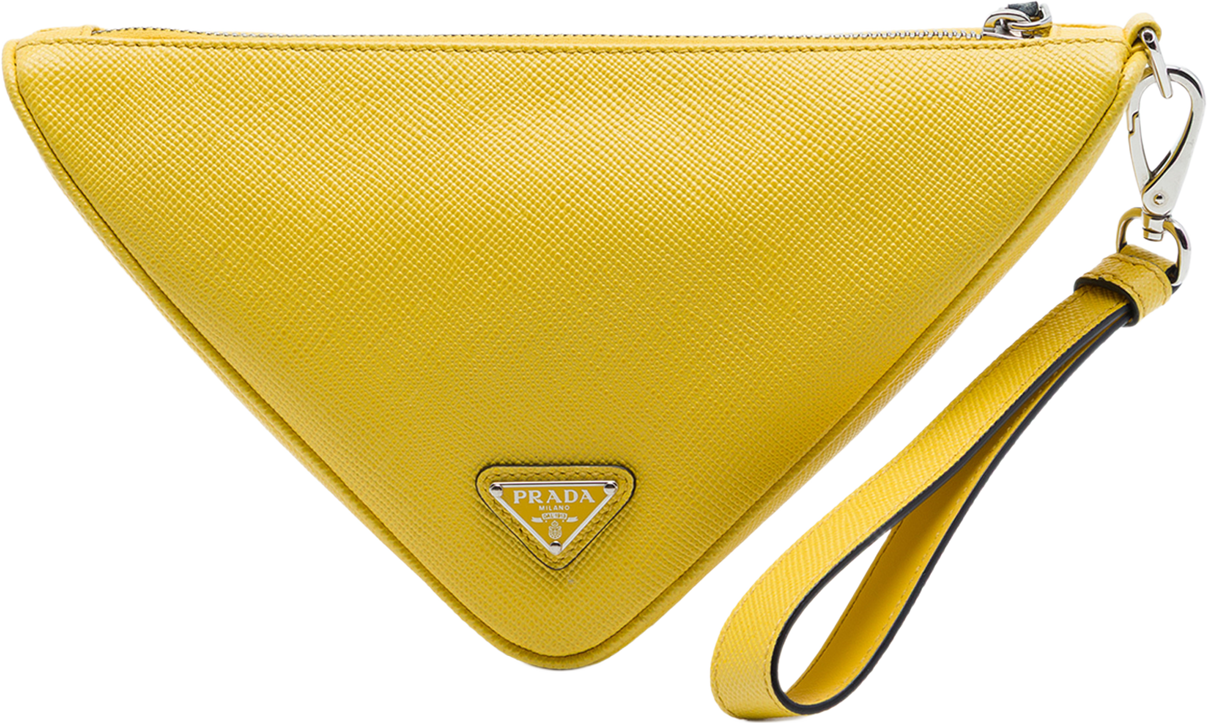 Prada Saffiano Logo Embossed Triangle Wristlet Pouch, från Luxclusif, i färgen gul. Klicka för att öppna bilden i stort format