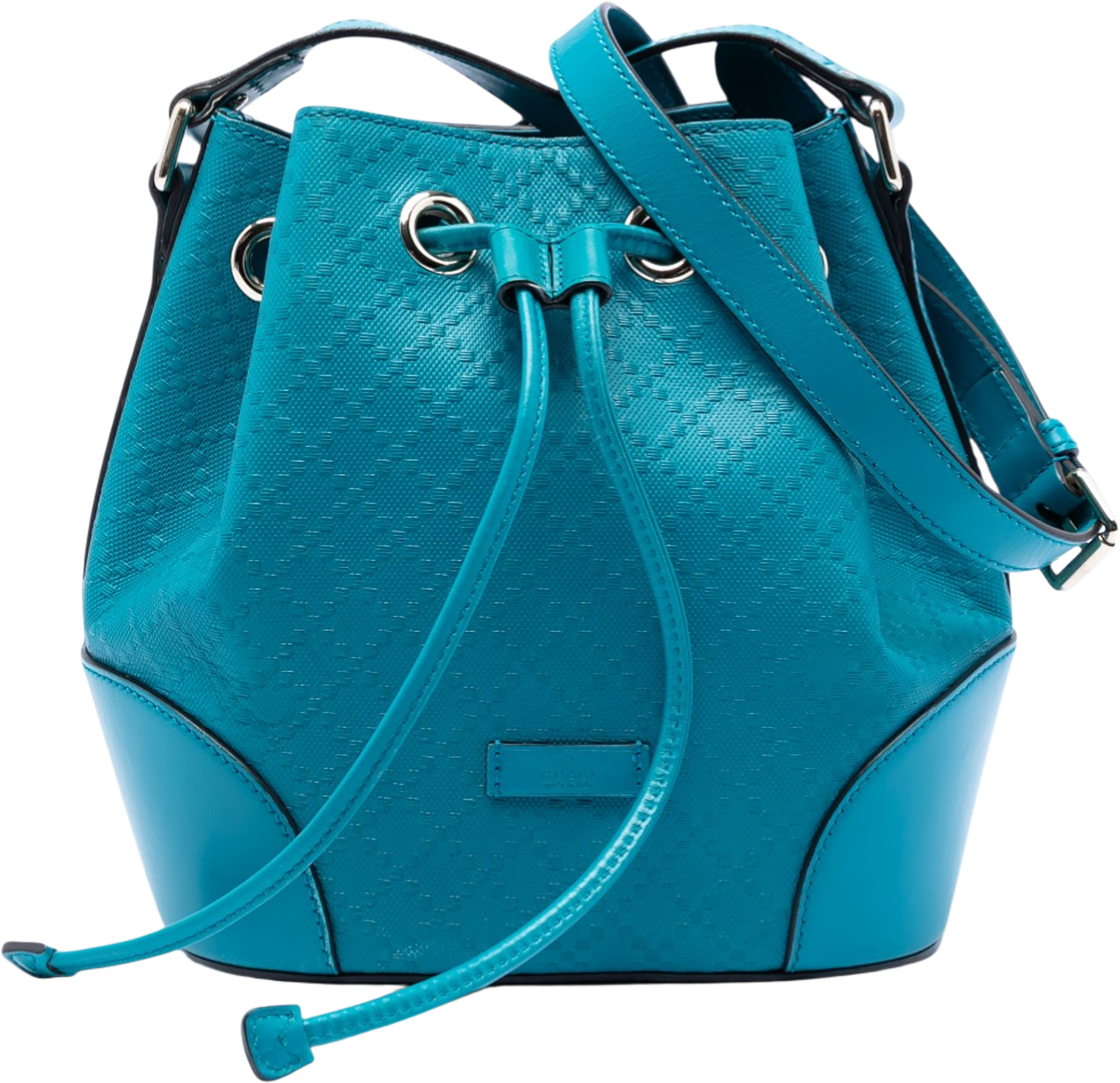 Gucci Diamante Leather Bright Bucket Bag, från Luxclusif, i färgen turquoise. Klicka för att öppna bilden i stort format
