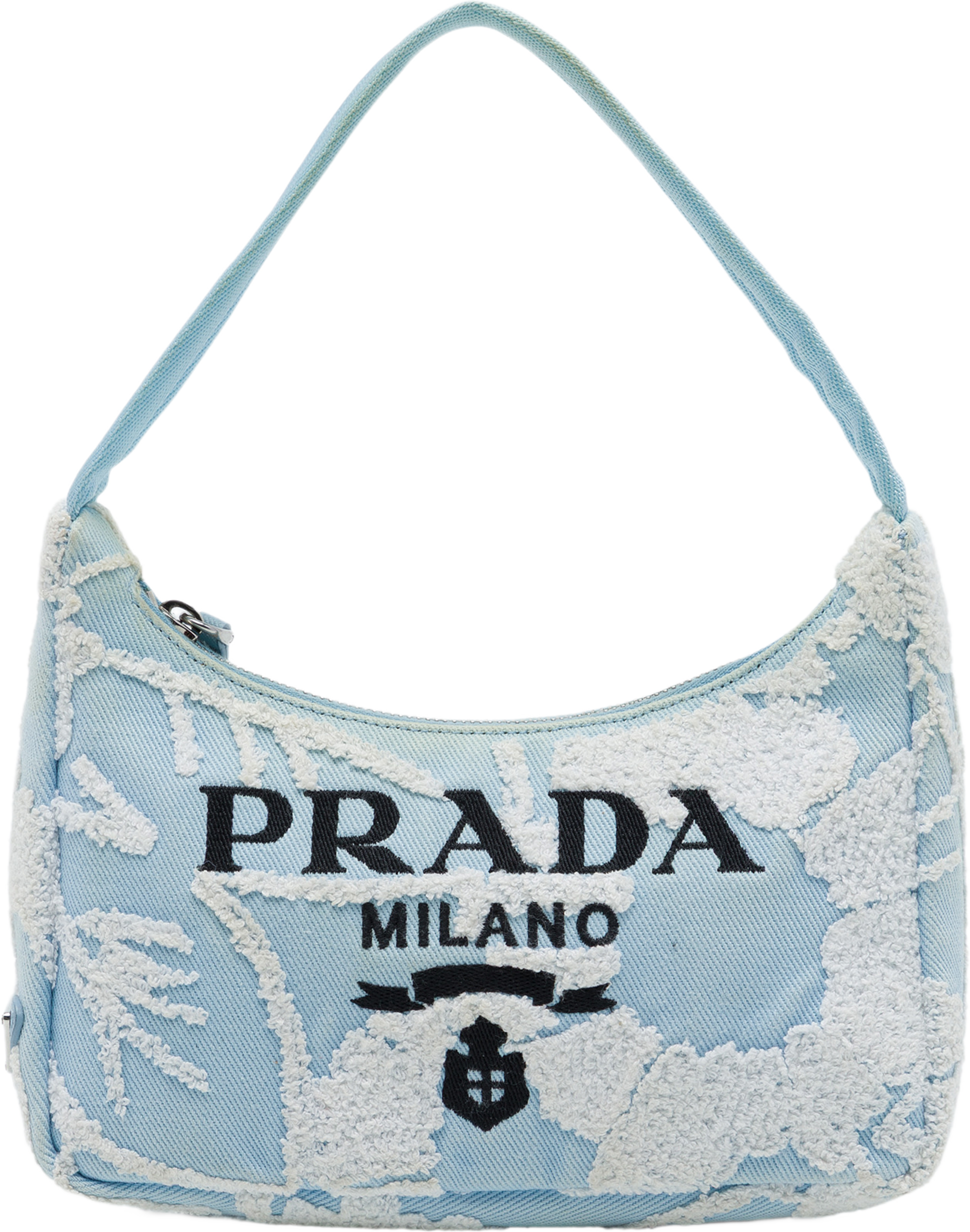 Prada Mini Embroidered Drill Re Edition 2000 Shoulder Bag, från Luxclusif, i färgen blå. Klicka för att öppna bilden i stort format