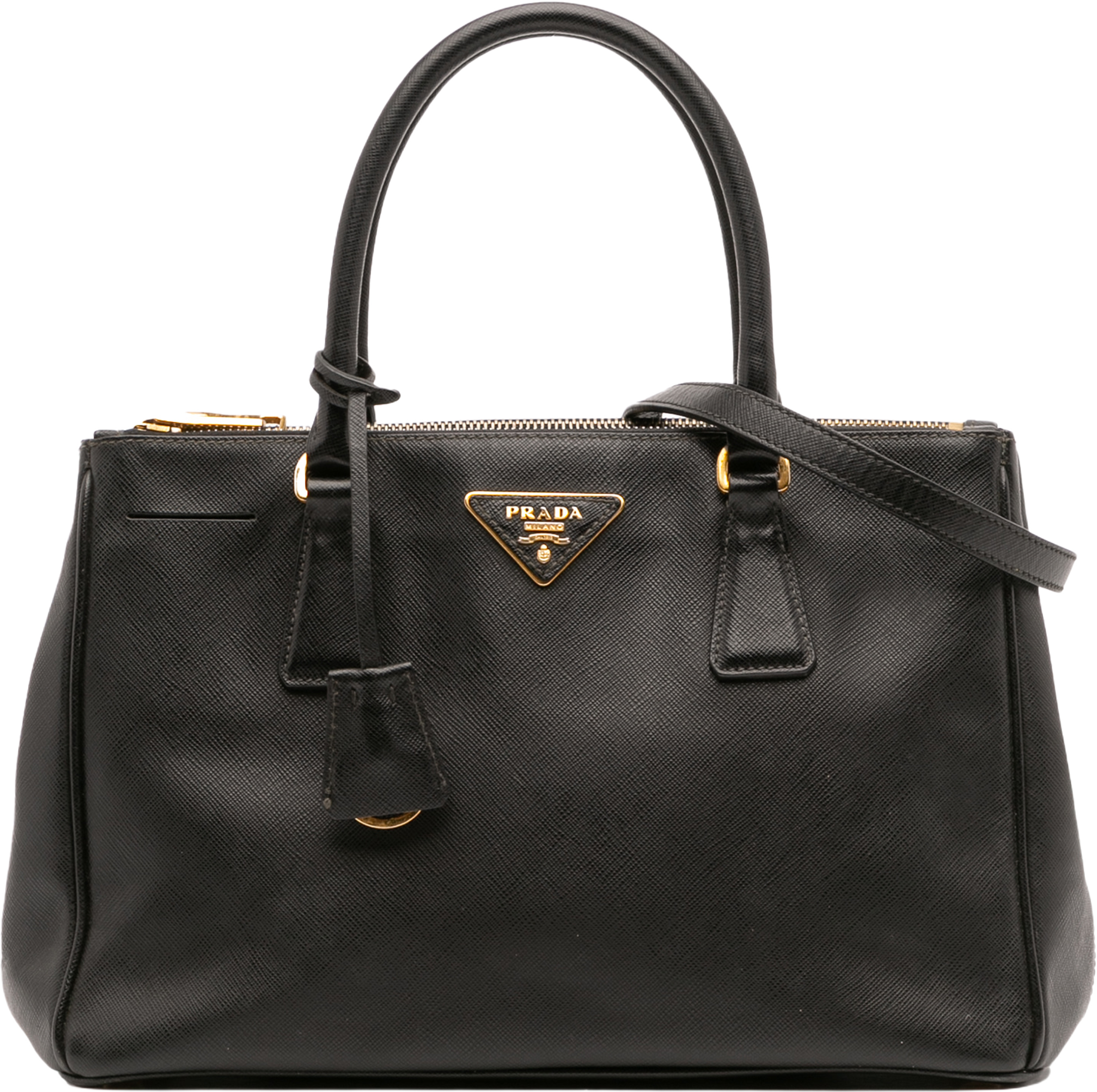 Prada Small Saffiano Lux Galleria Double Zip Satchel, från Luxclusif, i färgen black. Klicka för att öppna bilden i stort format