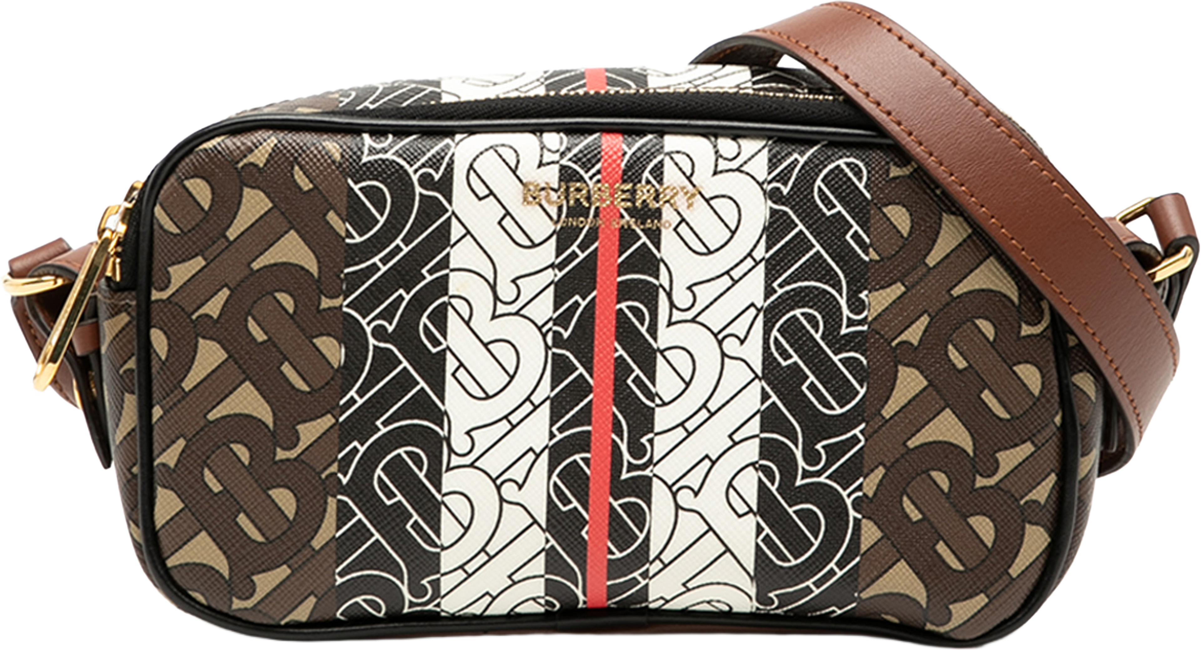Burberry Tb Monogram E-canvas Stripe Camera Bag, från Luxclusif, i färgen brown. Klicka för att öppna bilden i stort format