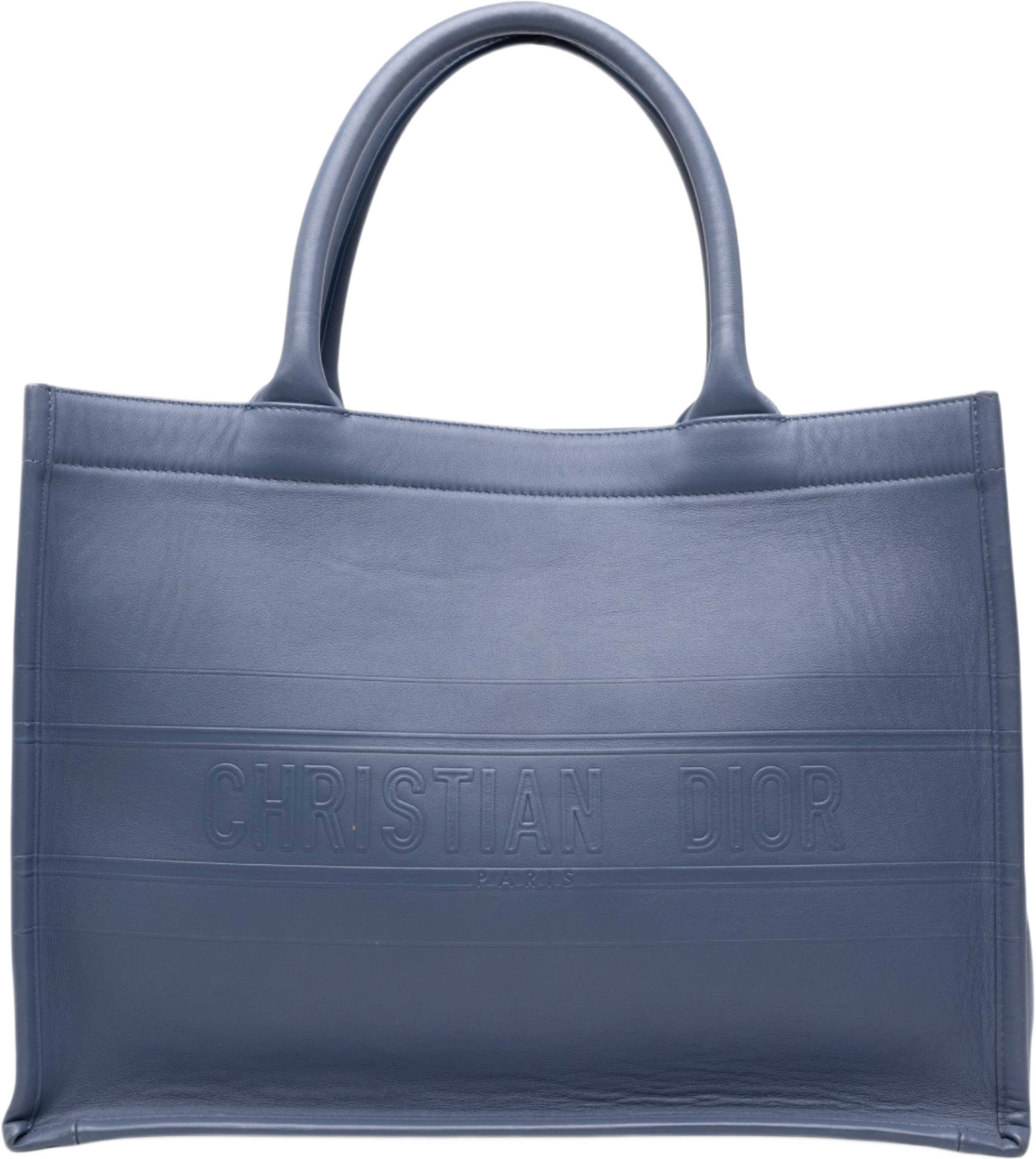 Dior Medium Embossed Leather Book Tote, från Luxclusif, i färgen blå. Klicka för att öppna bilden i stort format