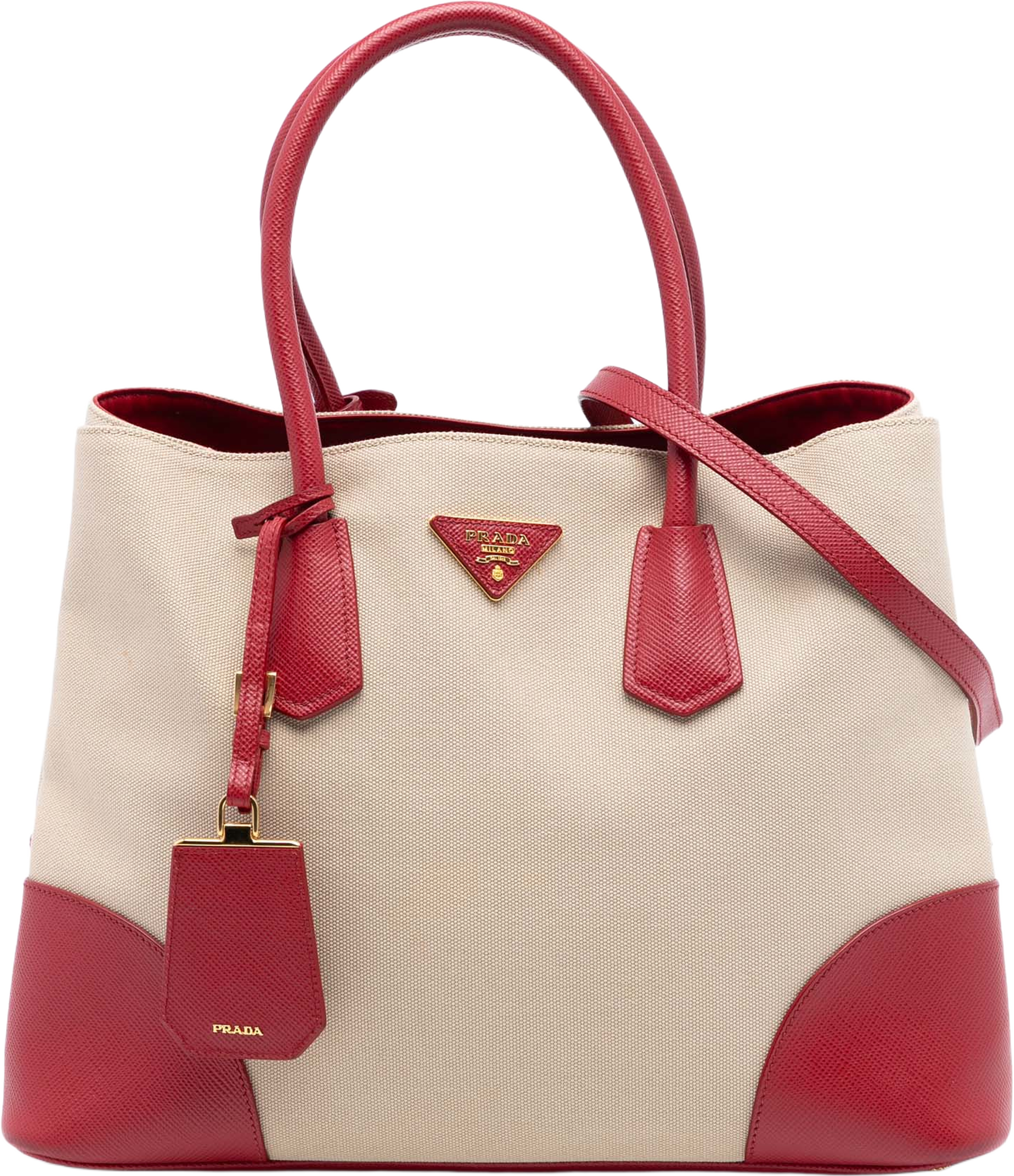 Prada Large Canapa And Saffiano Double Satchel, från Luxclusif, i färgen beige. Klicka för att öppna bilden i stort format