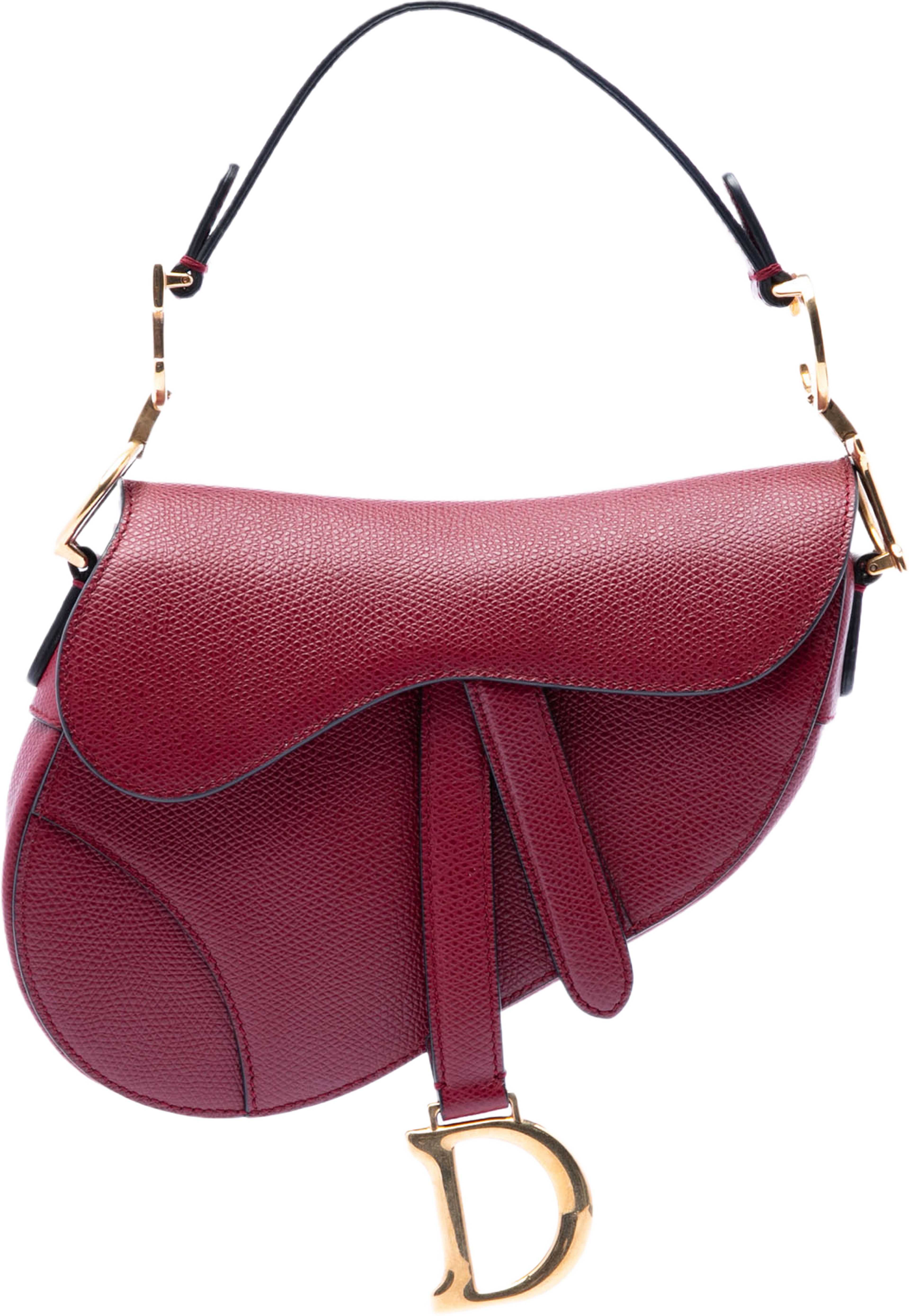 Dior Mini Grained Calfskin Saddle Bag, från Luxclusif, i färgen dark red. Klicka för att öppna bilden i stort format