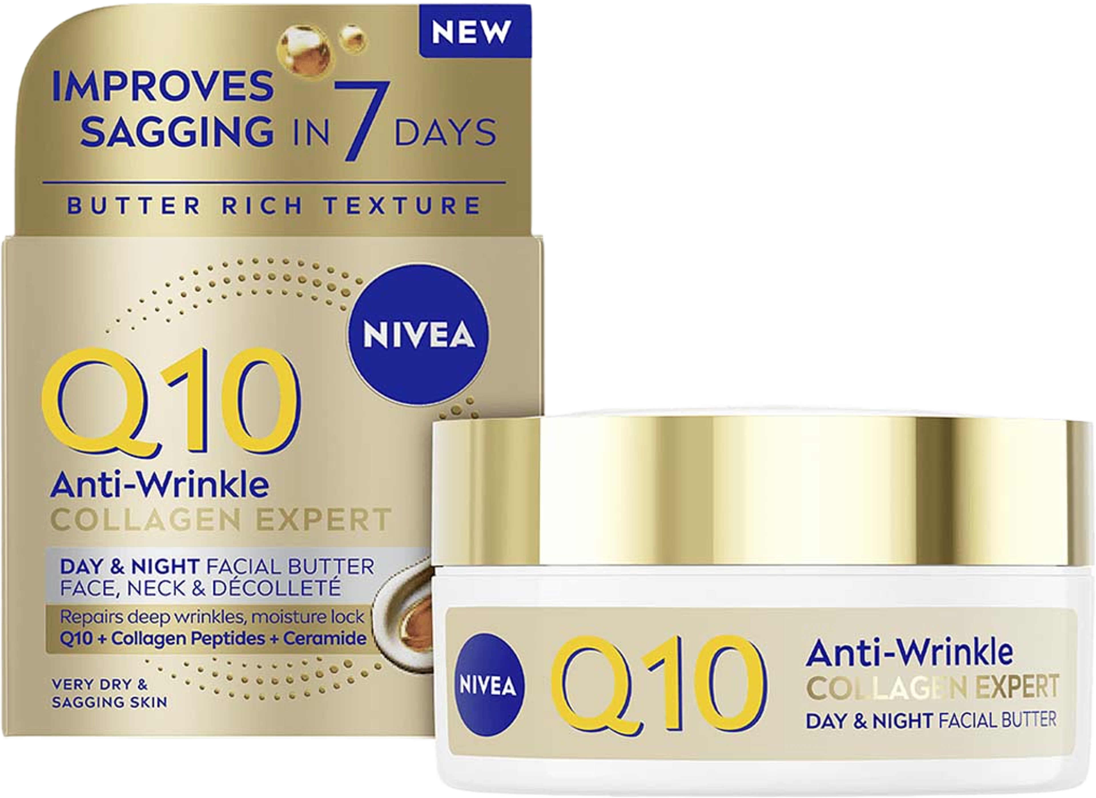 Ansiktskräm Q10 Anti-Wrinkle Collagen Expert Day & Night Facial Butter, från NIVEA. Klicka för att öppna bilden i stort format