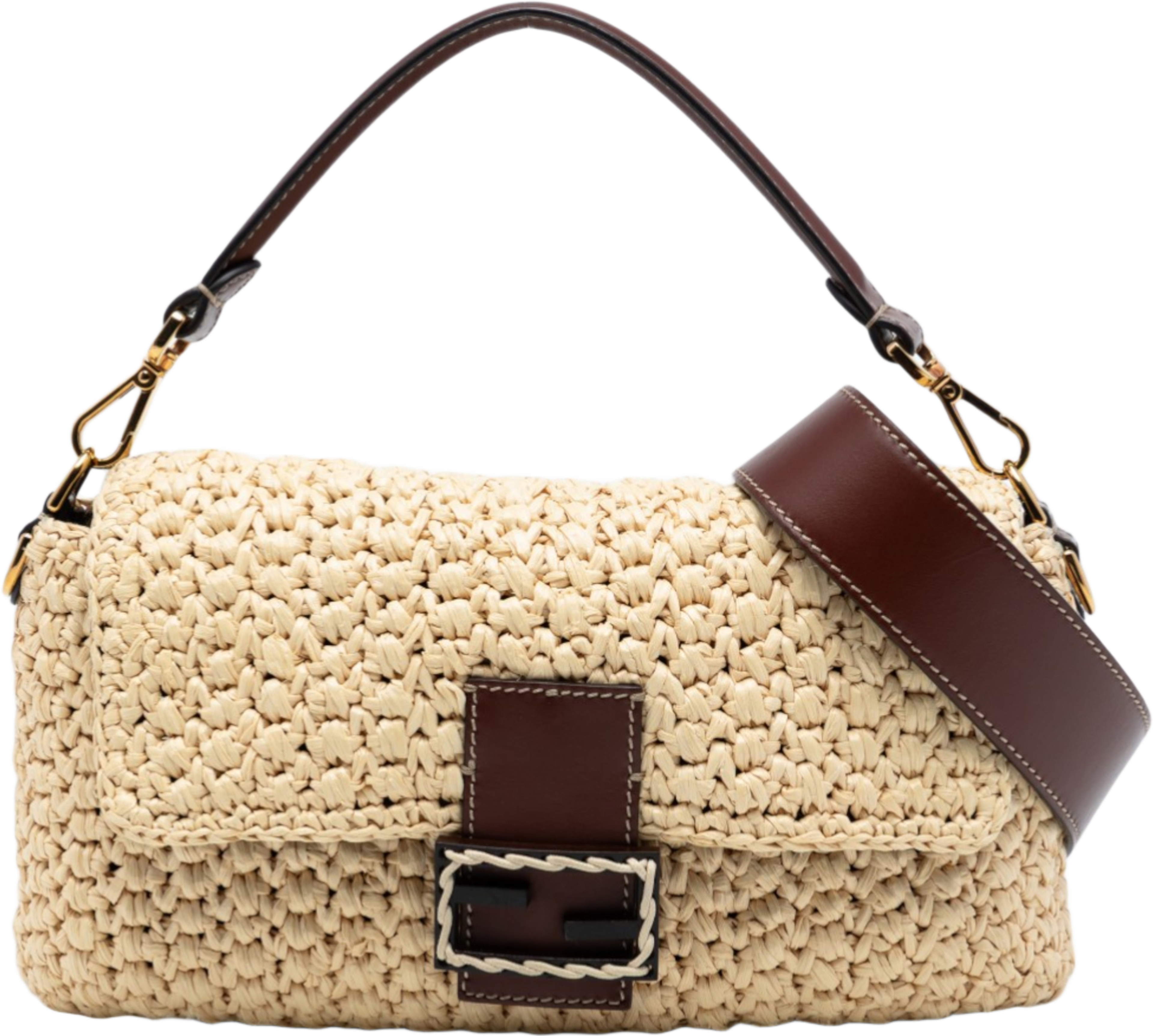 Fendi Crochet Raffia Baguette Satchel, från Luxclusif, i färgen beige. Klicka för att öppna bilden i stort format