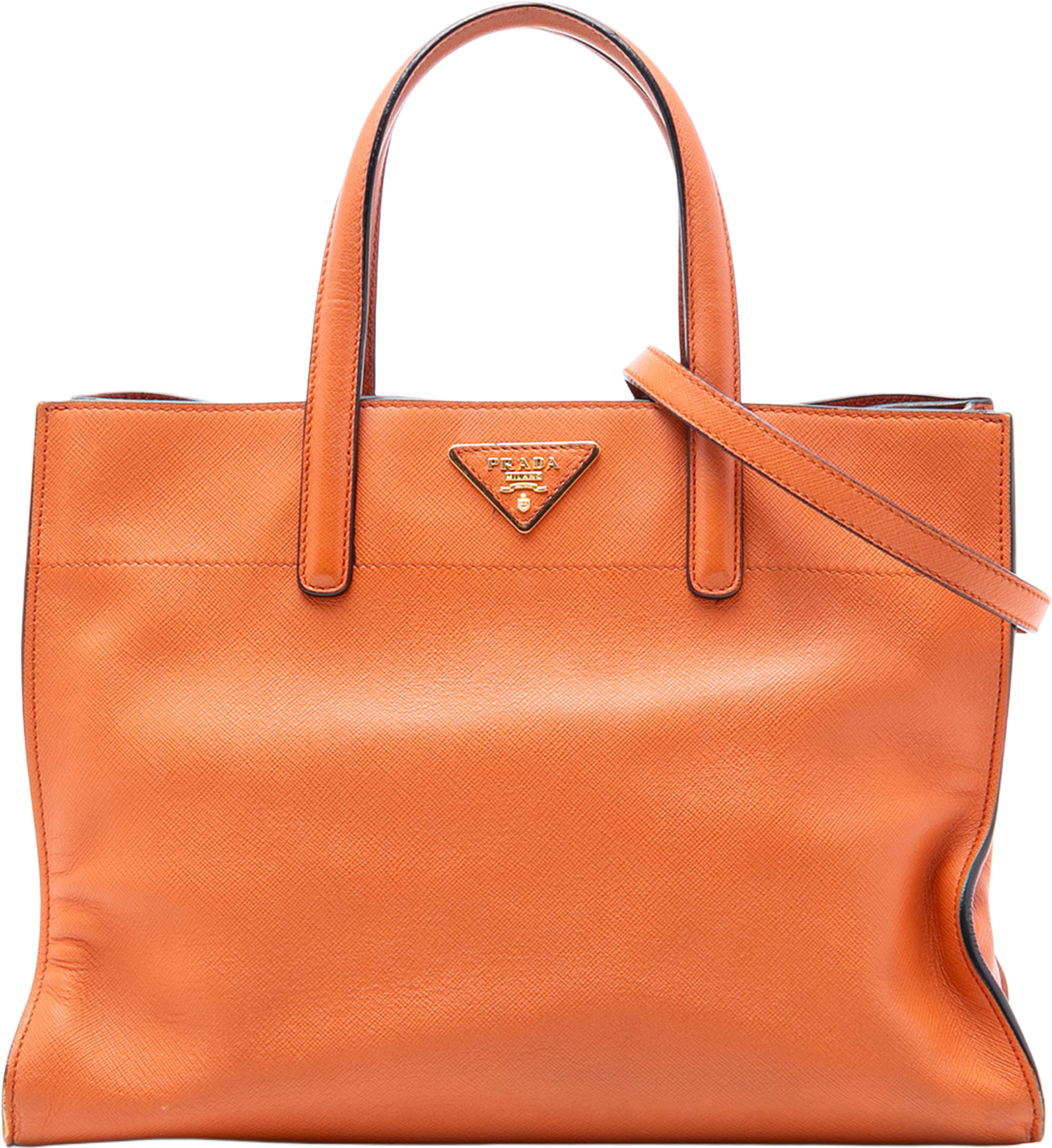 Prada Saffiano Soft Triple Pocket Tote, från Luxclusif, i färgen orange. Klicka för att öppna bilden i stort format