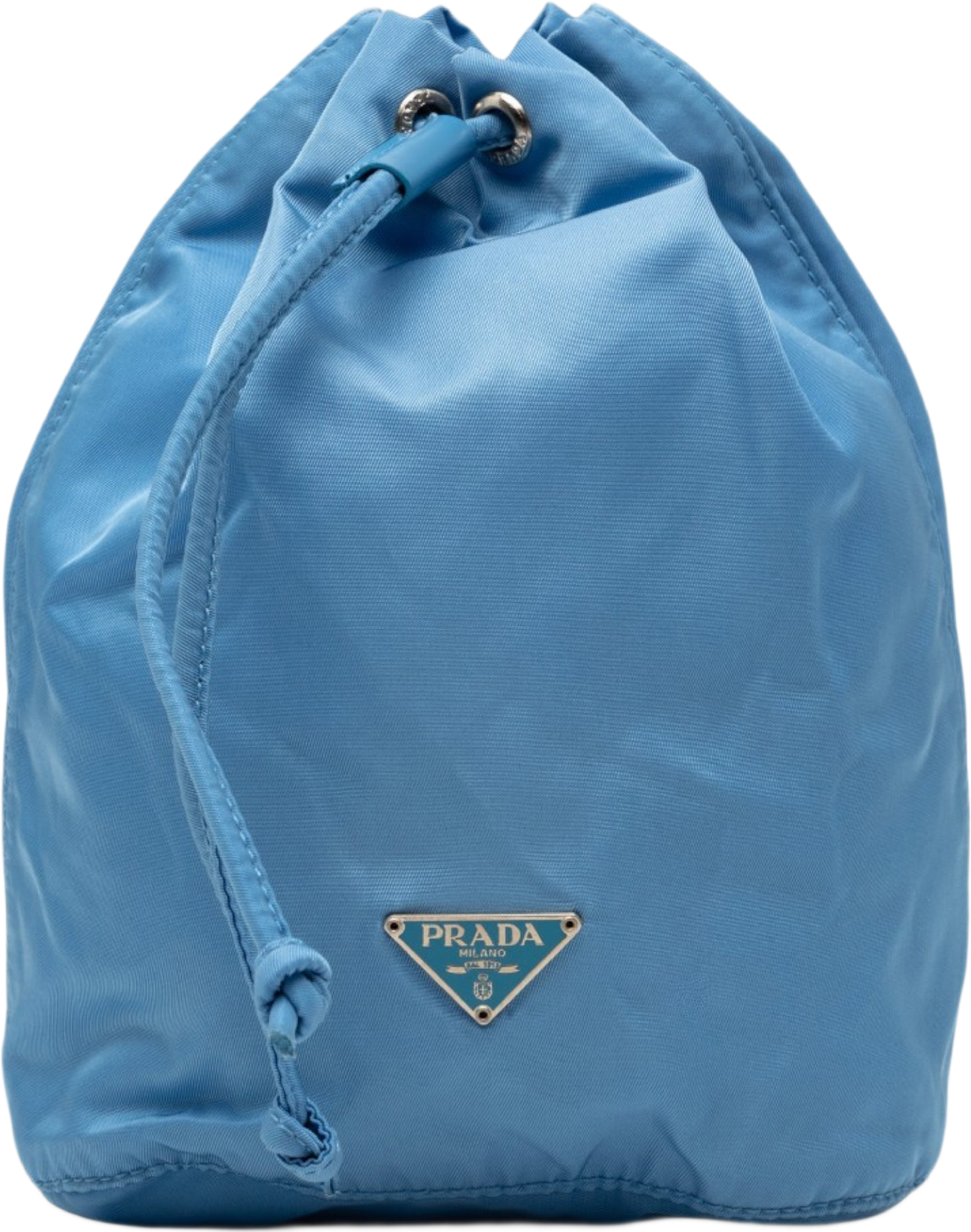 Prada Tessuto Drawstring Pouch, från Luxclusif, i färgen blå. Klicka för att öppna bilden i stort format