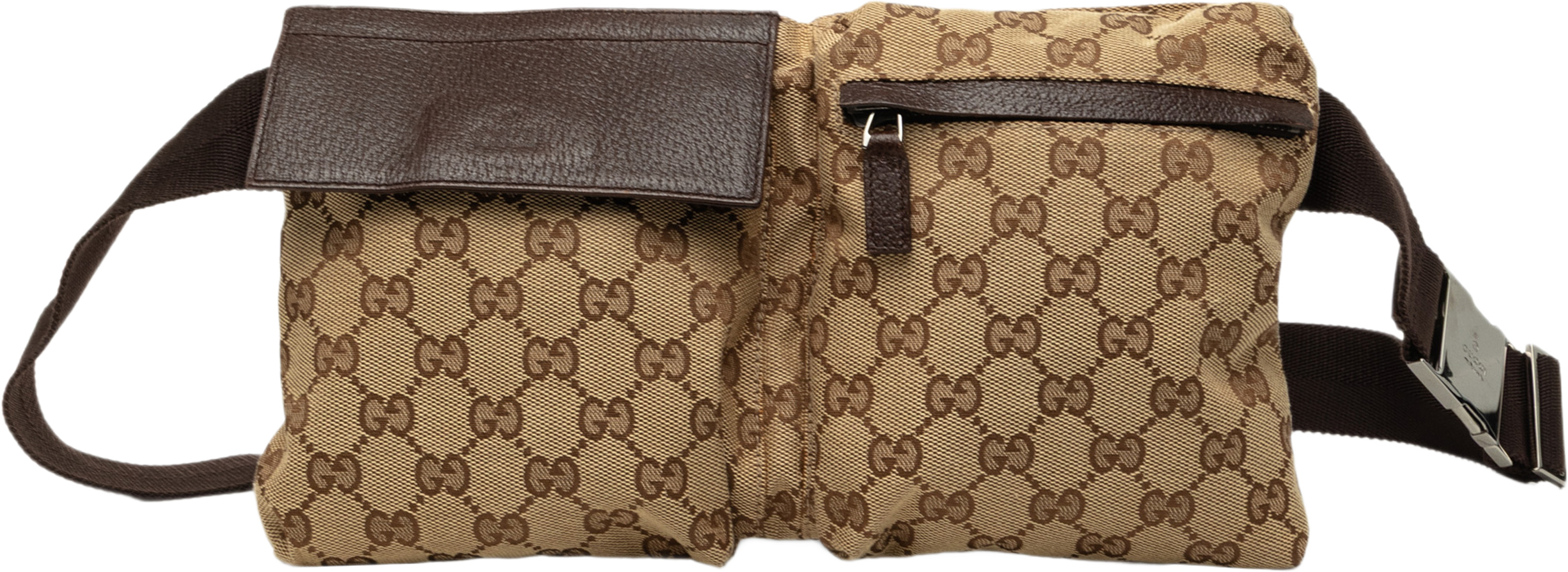 Gucci Gg Canvas Double Pocket Belt Bag, från Luxclusif, i färgen beige. Klicka för att öppna bilden i stort format