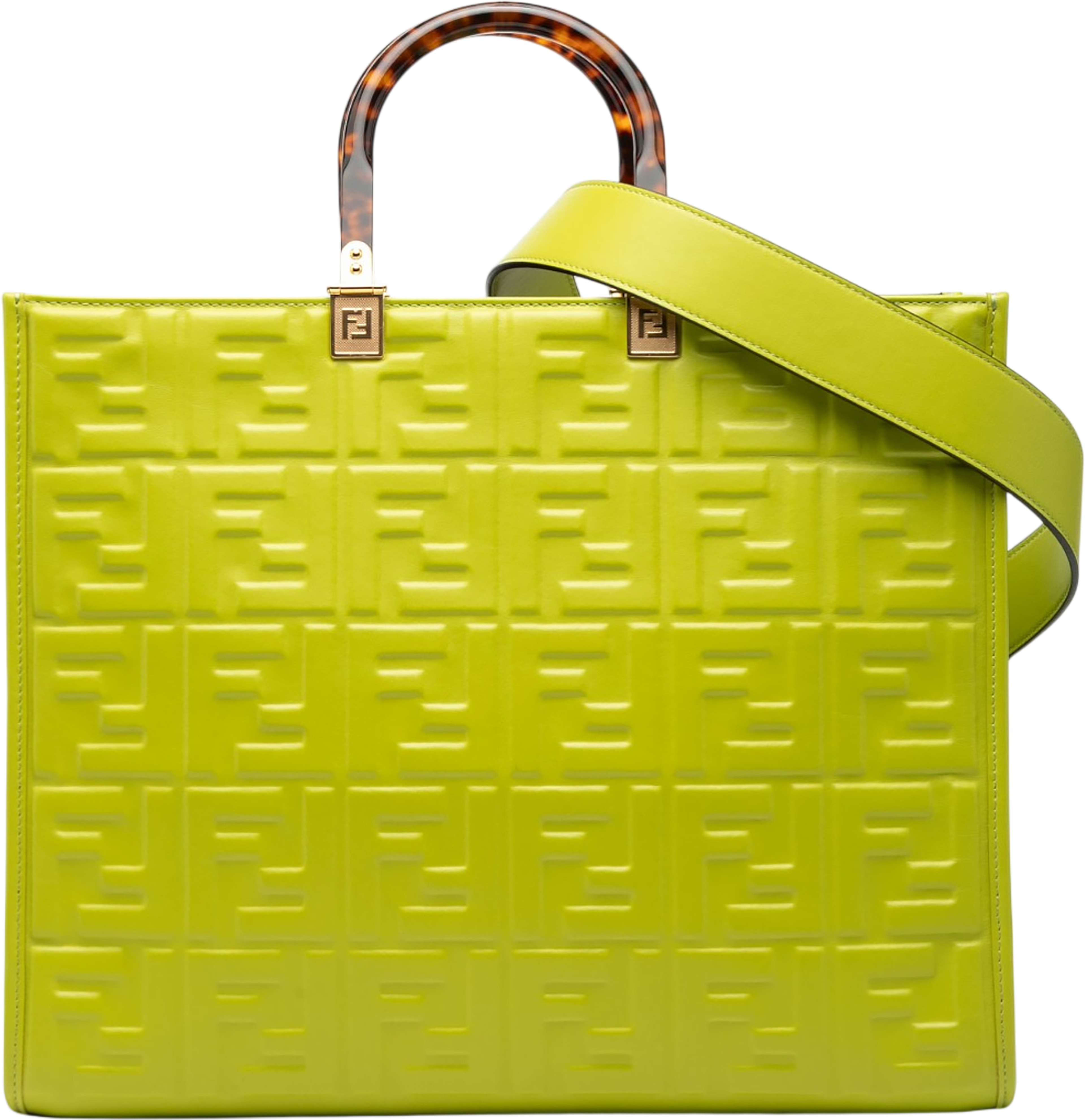 Fendi Medium Zucca Embossed Leather Sunshine Shopper Tote, från Luxclusif, i färgen lime. Klicka för att öppna bilden i stort format