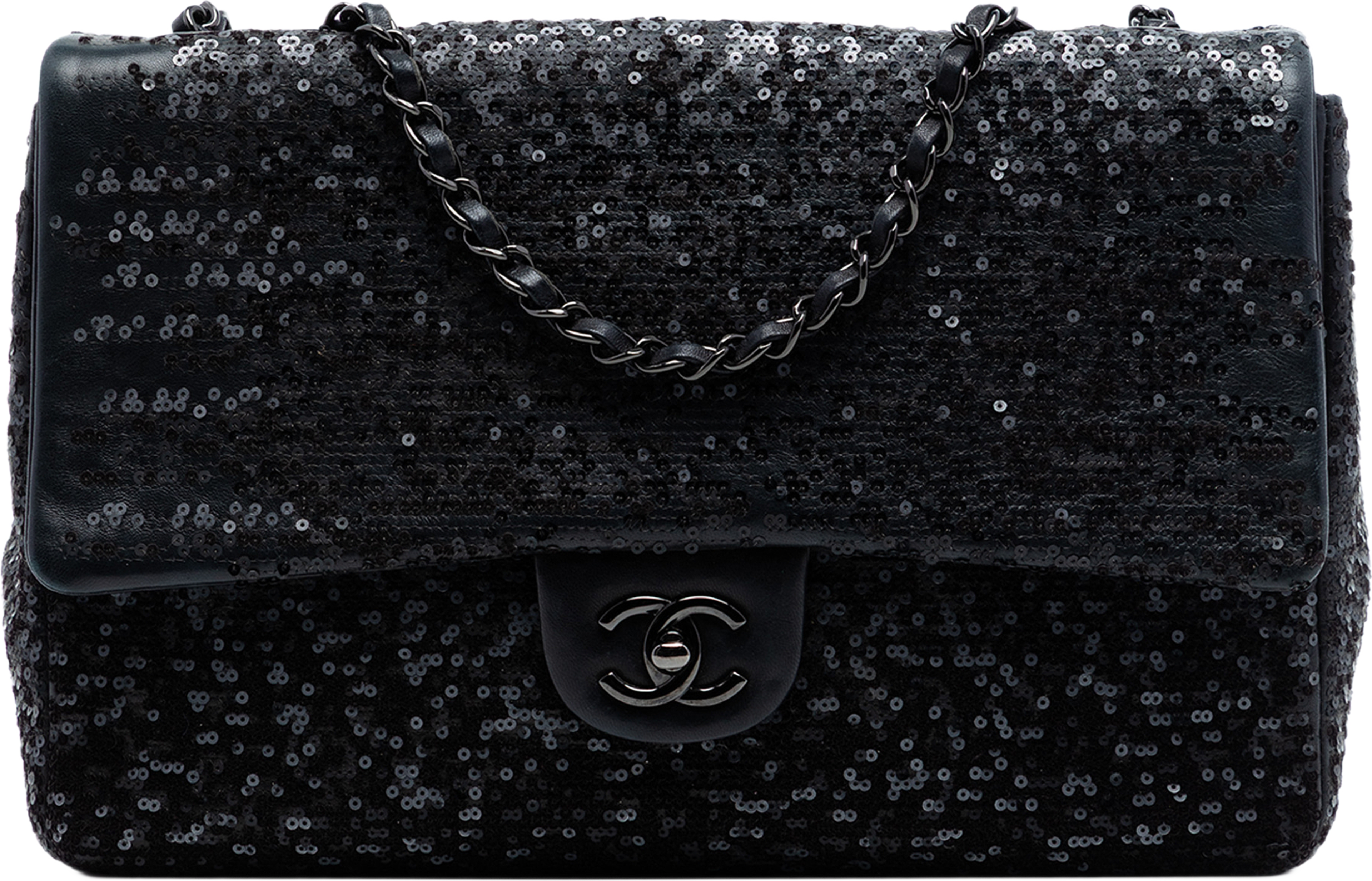 Chanel Jumbo Classic Sequins Single Flap, från Luxclusif, i färgen svart. Klicka för att öppna bilden i stort format