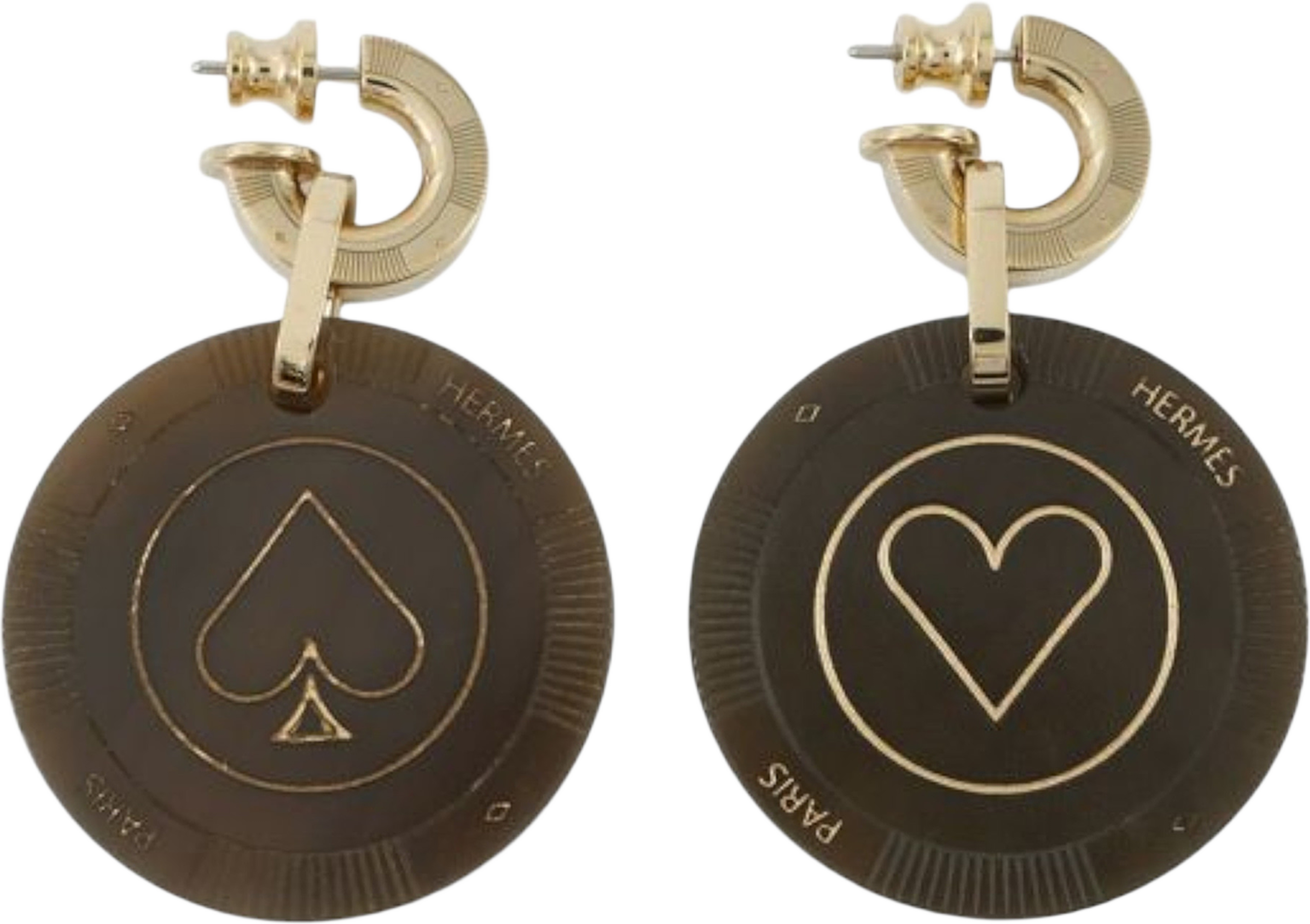 Hermès Gold Plated Horn Faites Vos Jeux Push Back Earrings, från Luxclusif, i färgen gold. Klicka för att öppna bilden i stort format