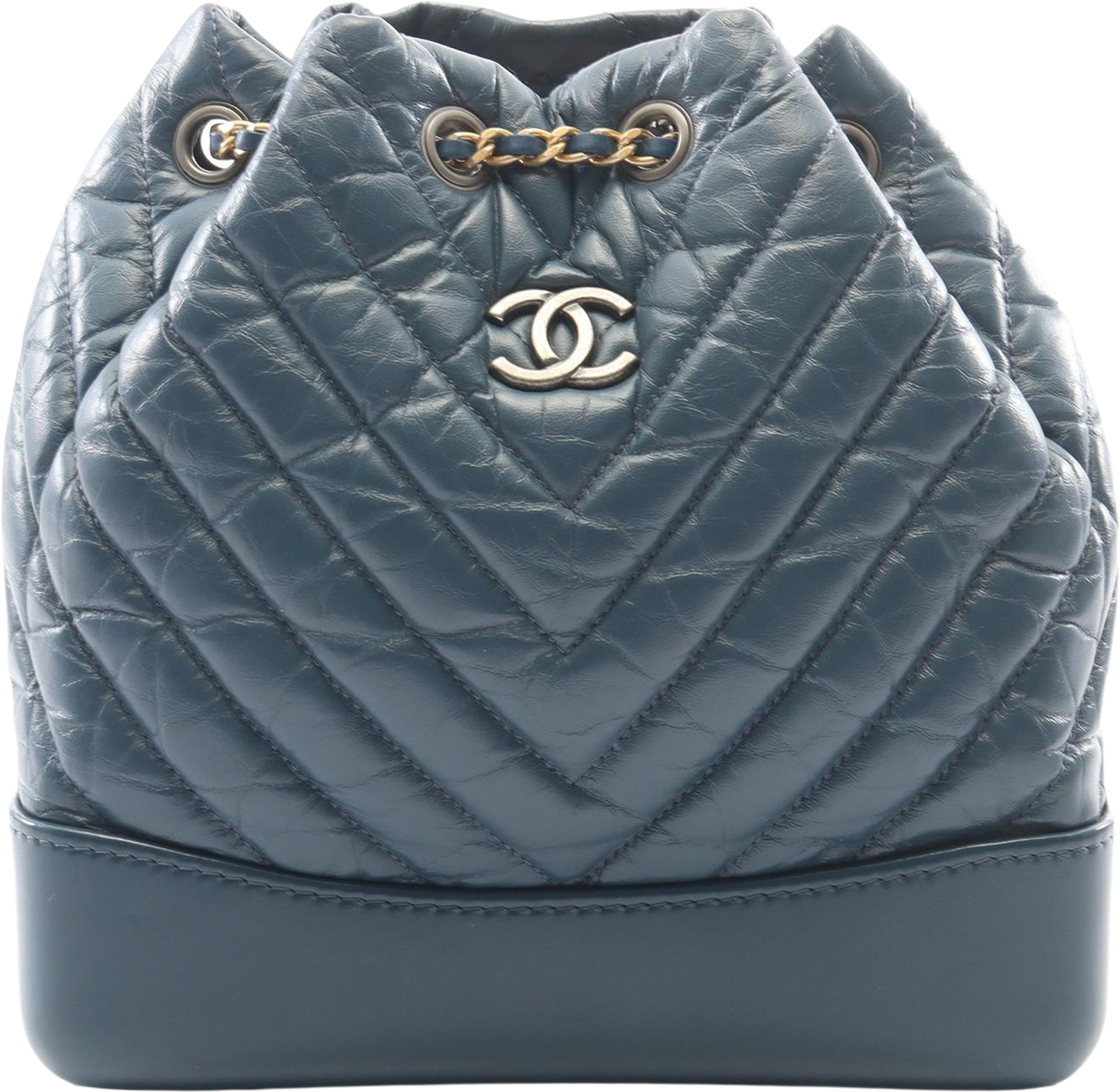Chanel Small Aged Calfskin Gabrielle Backpack, från Luxclusif, i färgen blå. Klicka för att öppna bilden i stort format