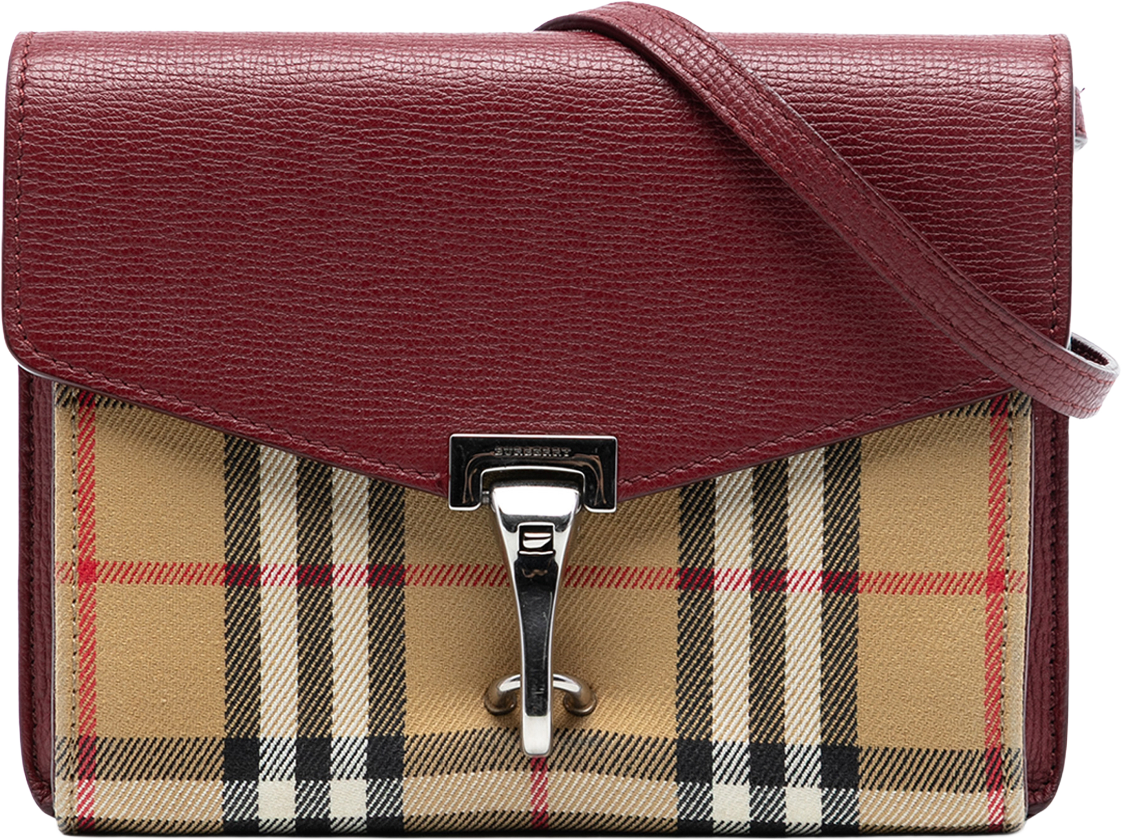 Burberry Small Leather And House Check Canvas Derby Macken Crossbody, från Luxclusif, i färgen dark red. Klicka för att öppna bilden i stort format