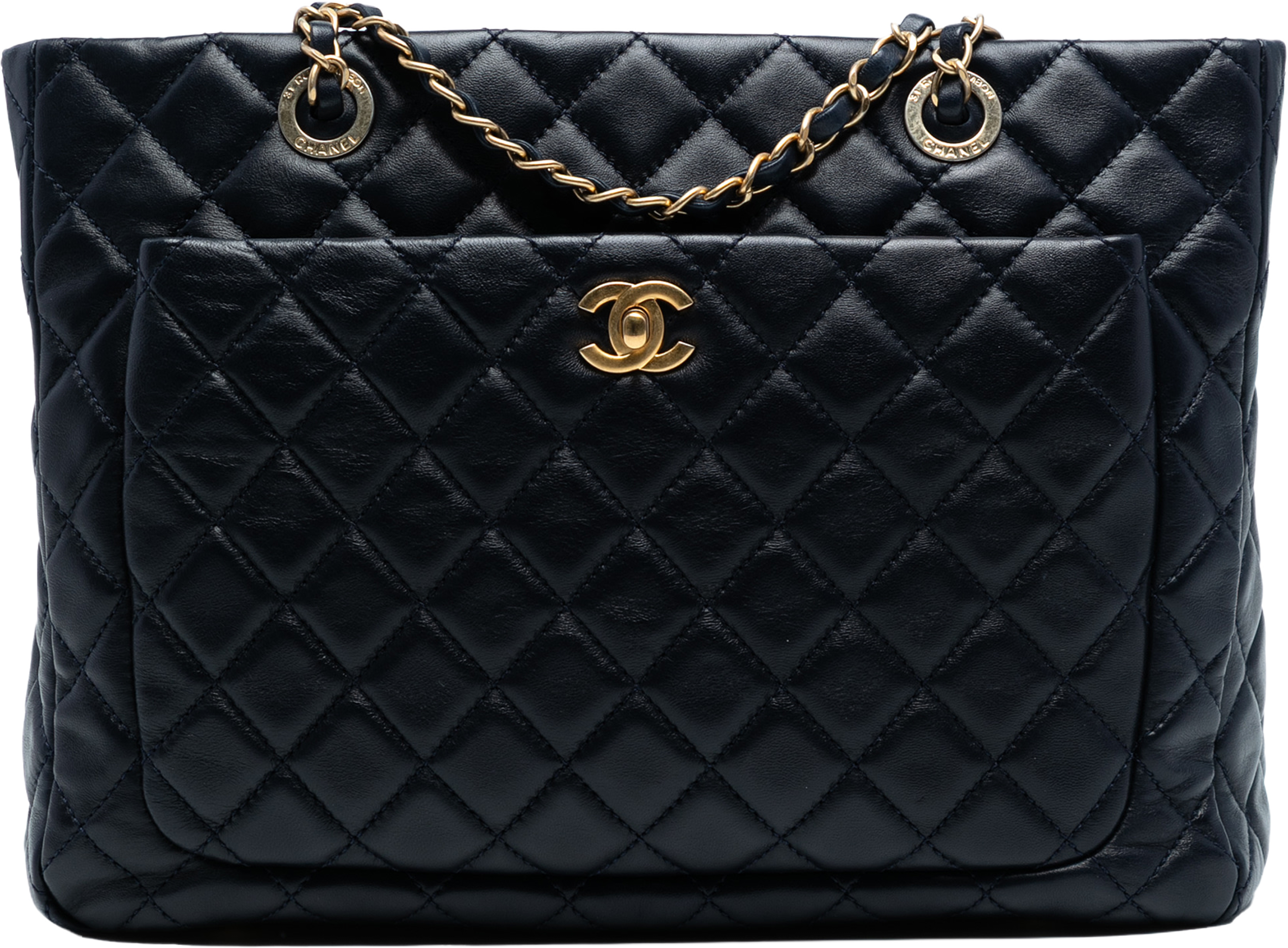 Chanel Cc Quilted Lambskin Front Pocket Shopping Tote, från Luxclusif, i färgen navy. Klicka för att öppna bilden i stort format