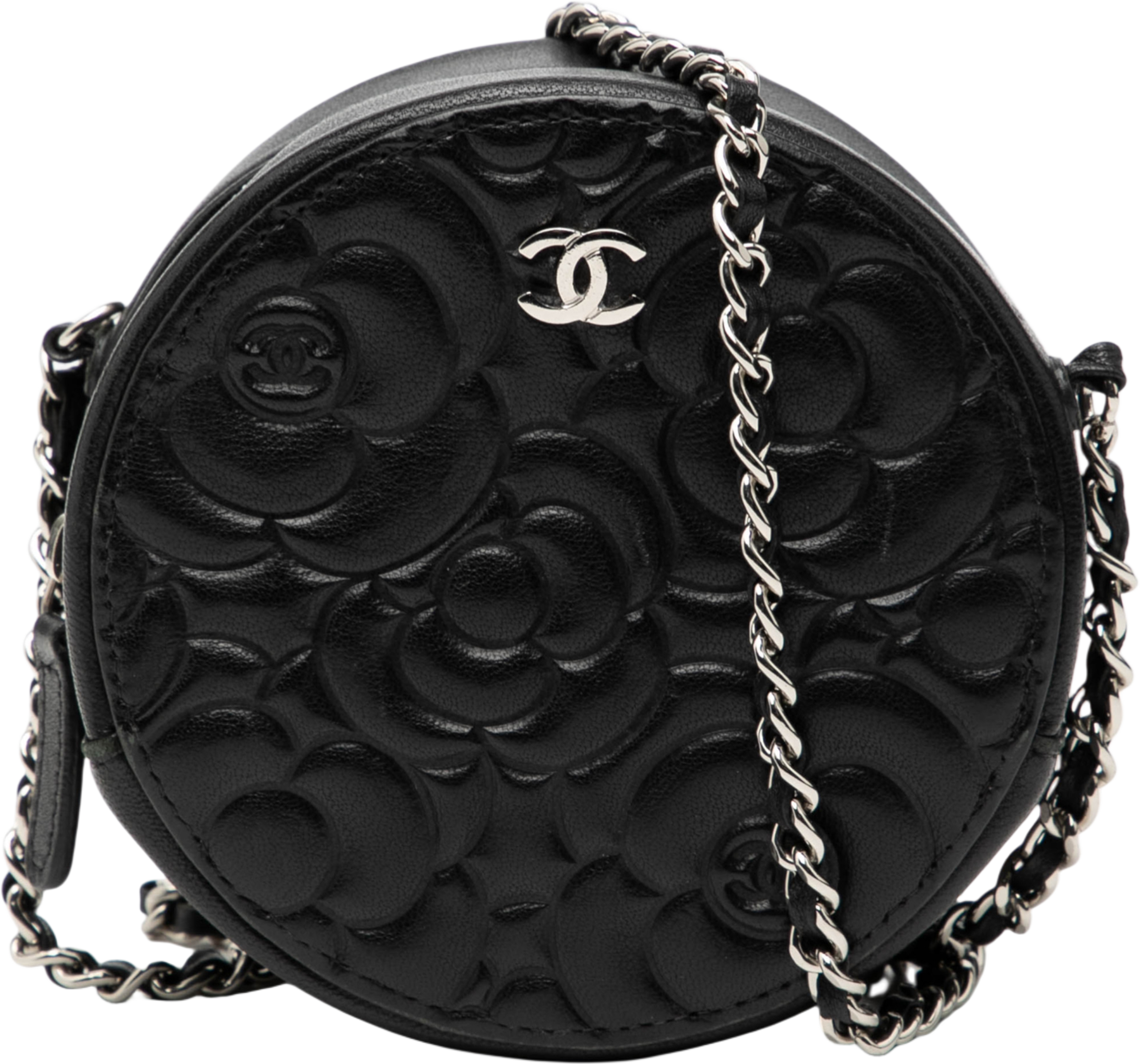 Chanel Goatskin Camellia Round Clutch With Chain, från Luxclusif, i färgen black. Klicka för att öppna bilden i stort format