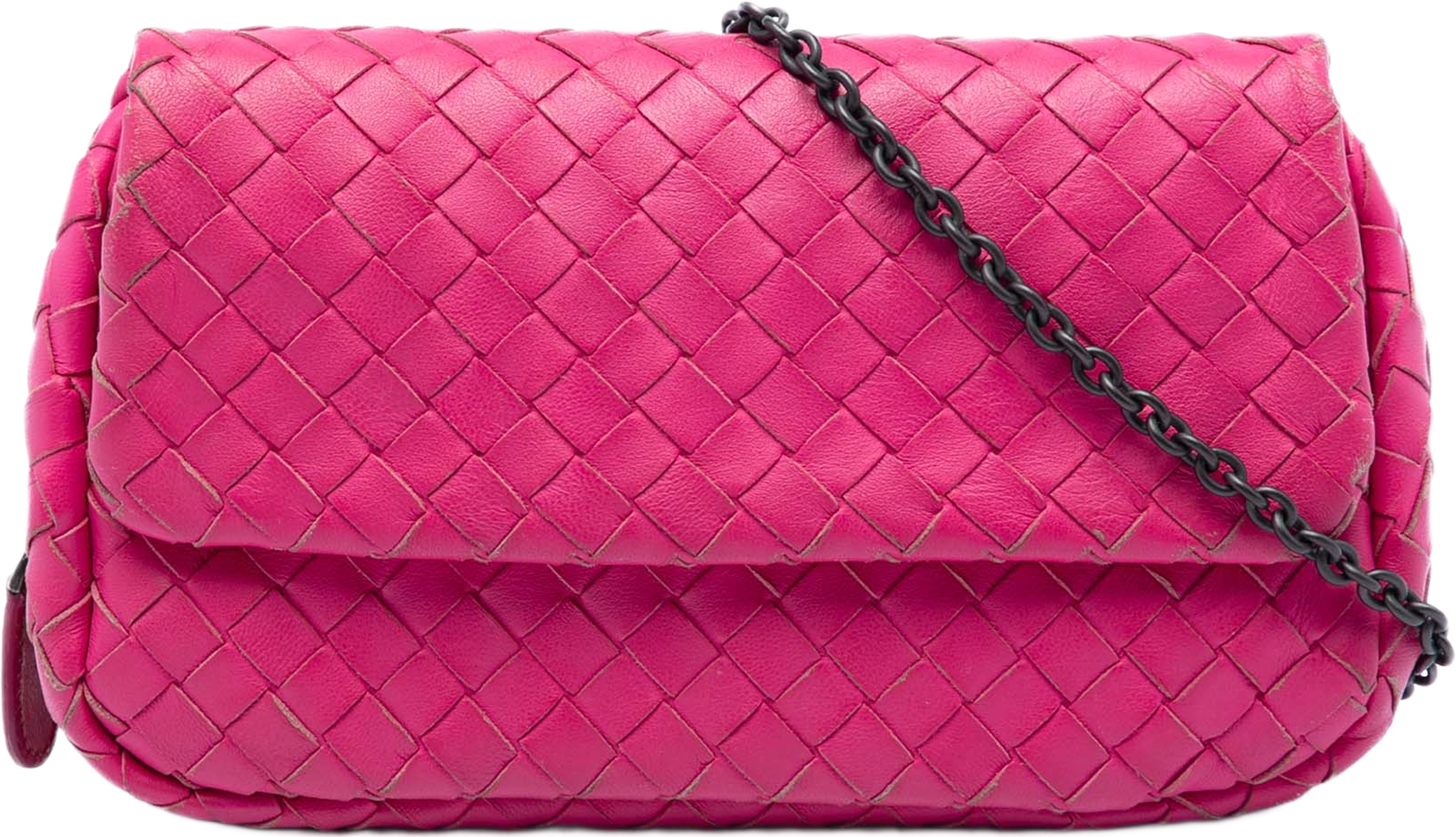 Bottega Veneta Mini Nappa Intrecciato Expandable Chain Flap Crossbody, från Luxclusif, i färgen rosa. Klicka för att öppna bilden i stort format
