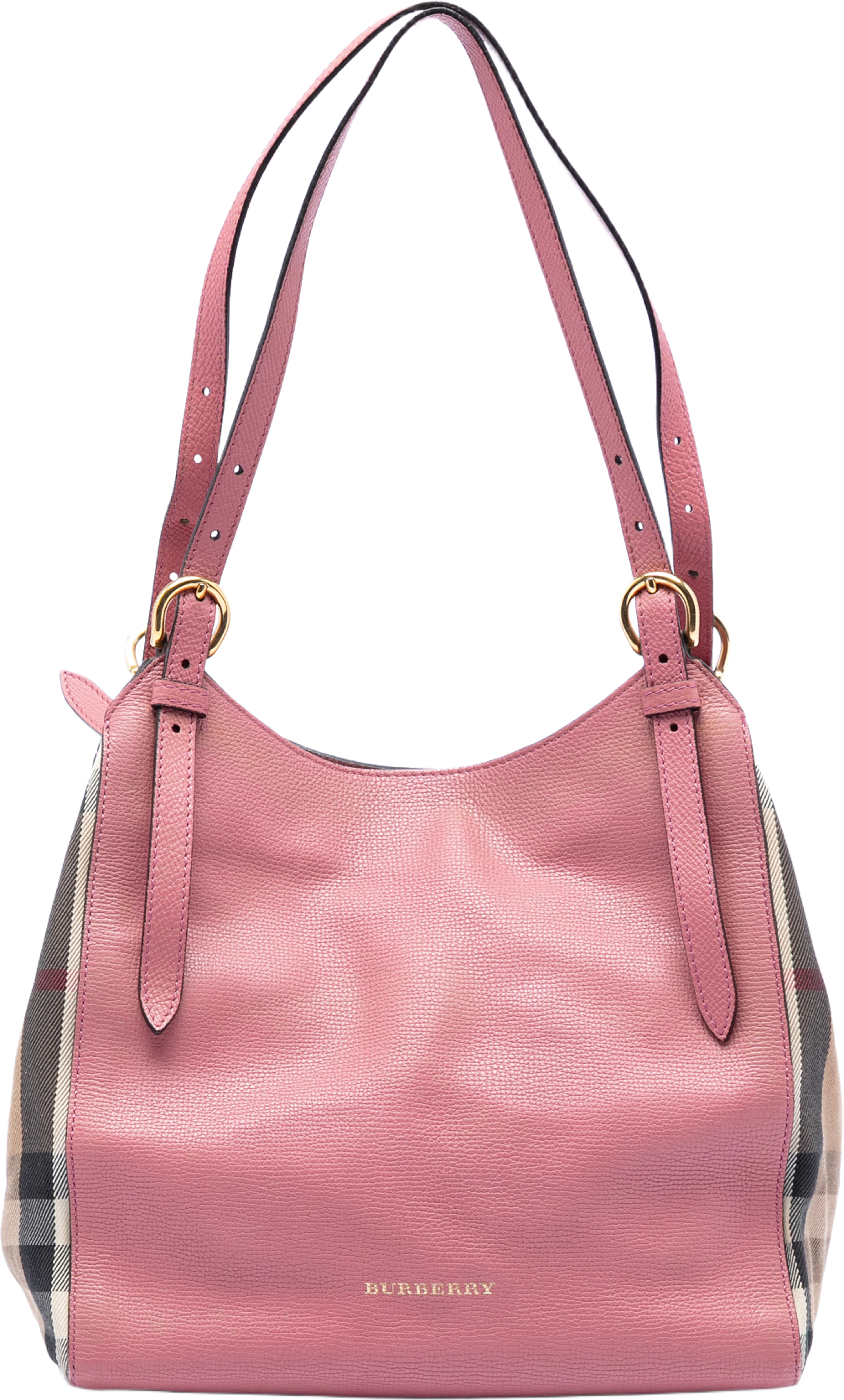 Burberry Small Leather And House Check Canvas Canterbury Tote, från Luxclusif, i färgen pink. Klicka för att öppna bilden i stort format