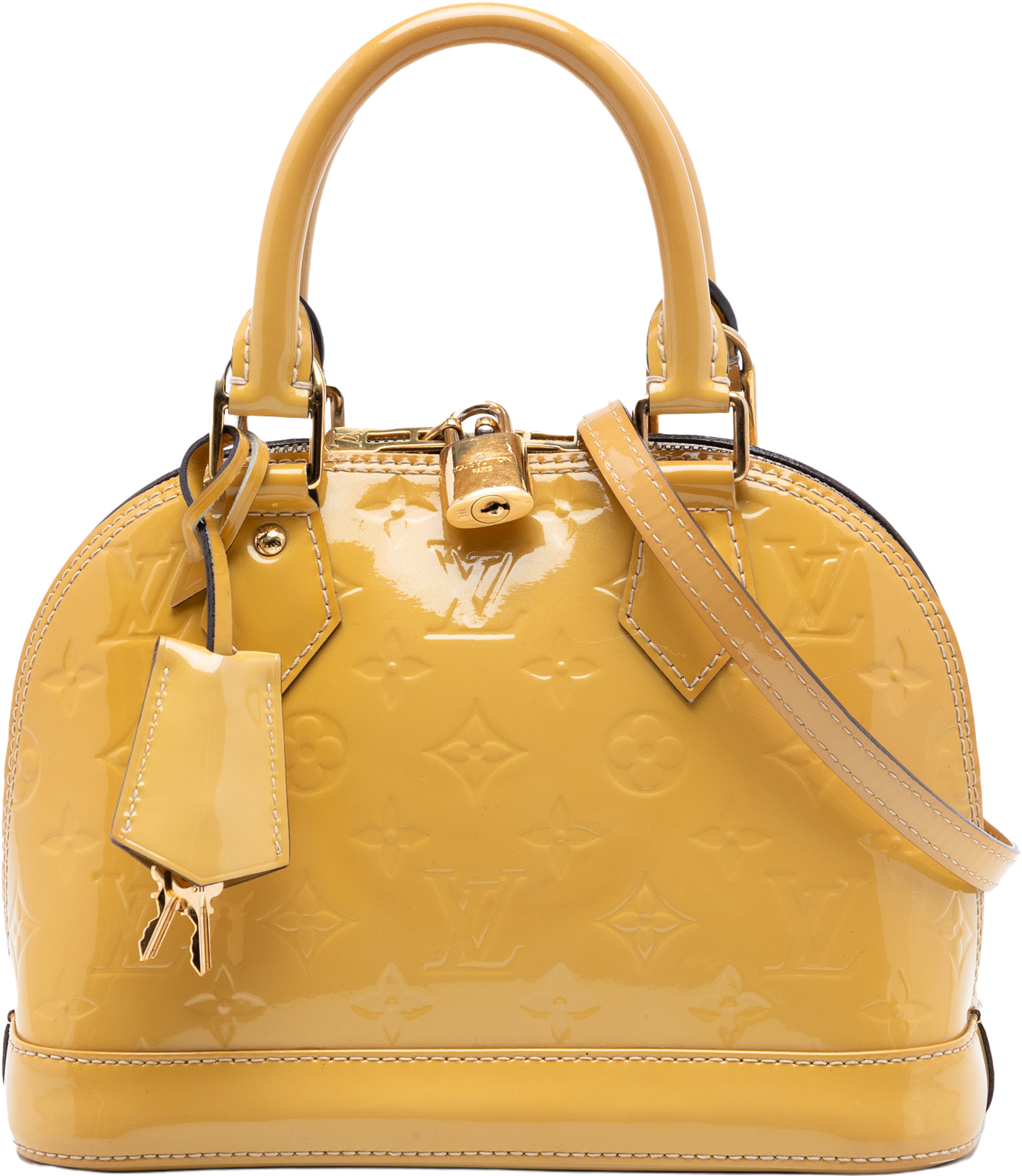 Louis Vuitton Monogram Vernis Alma Bb, från Luxclusif, i färgen yellow. Klicka för att öppna bilden i stort format