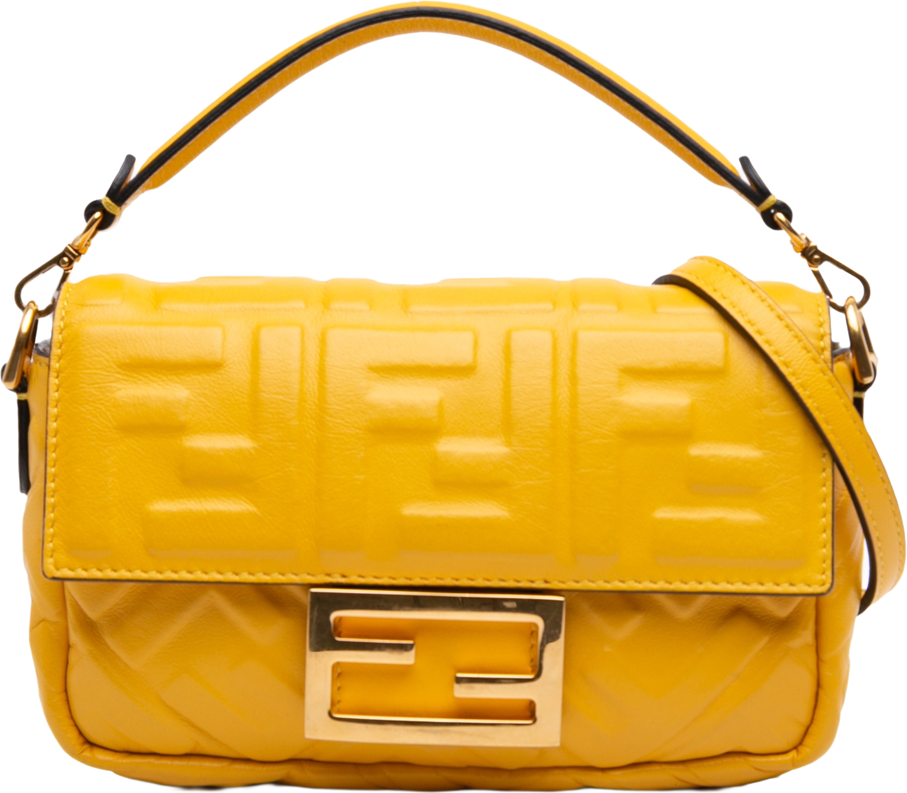 Fendi Mini Zucca Embossed Leather Baguette Satchel, från Luxclusif, i färgen mustard. Klicka för att öppna bilden i stort format