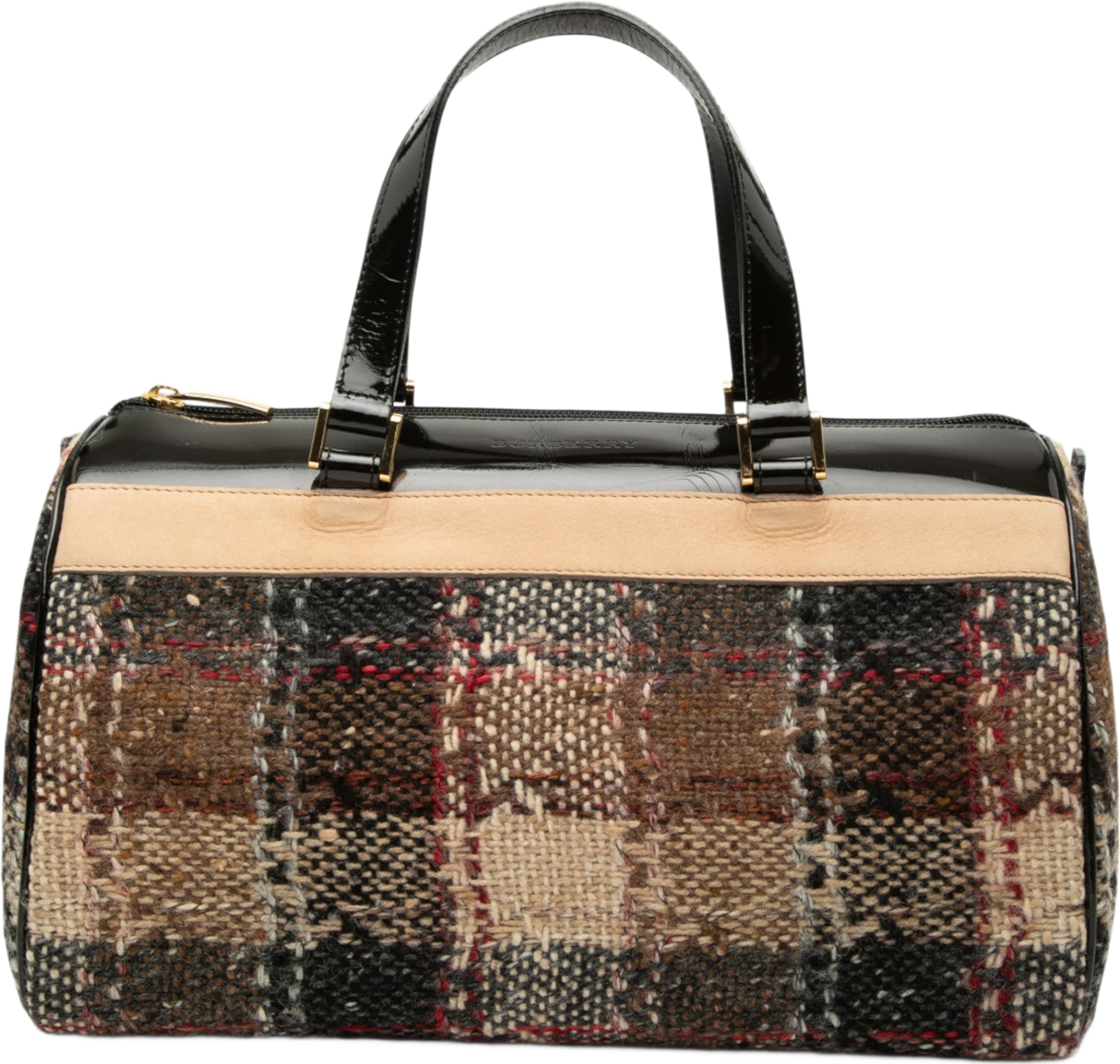 Burberry Plaid Wool Boston Bag, från Luxclusif, i färgen brown. Klicka för att öppna bilden i stort format