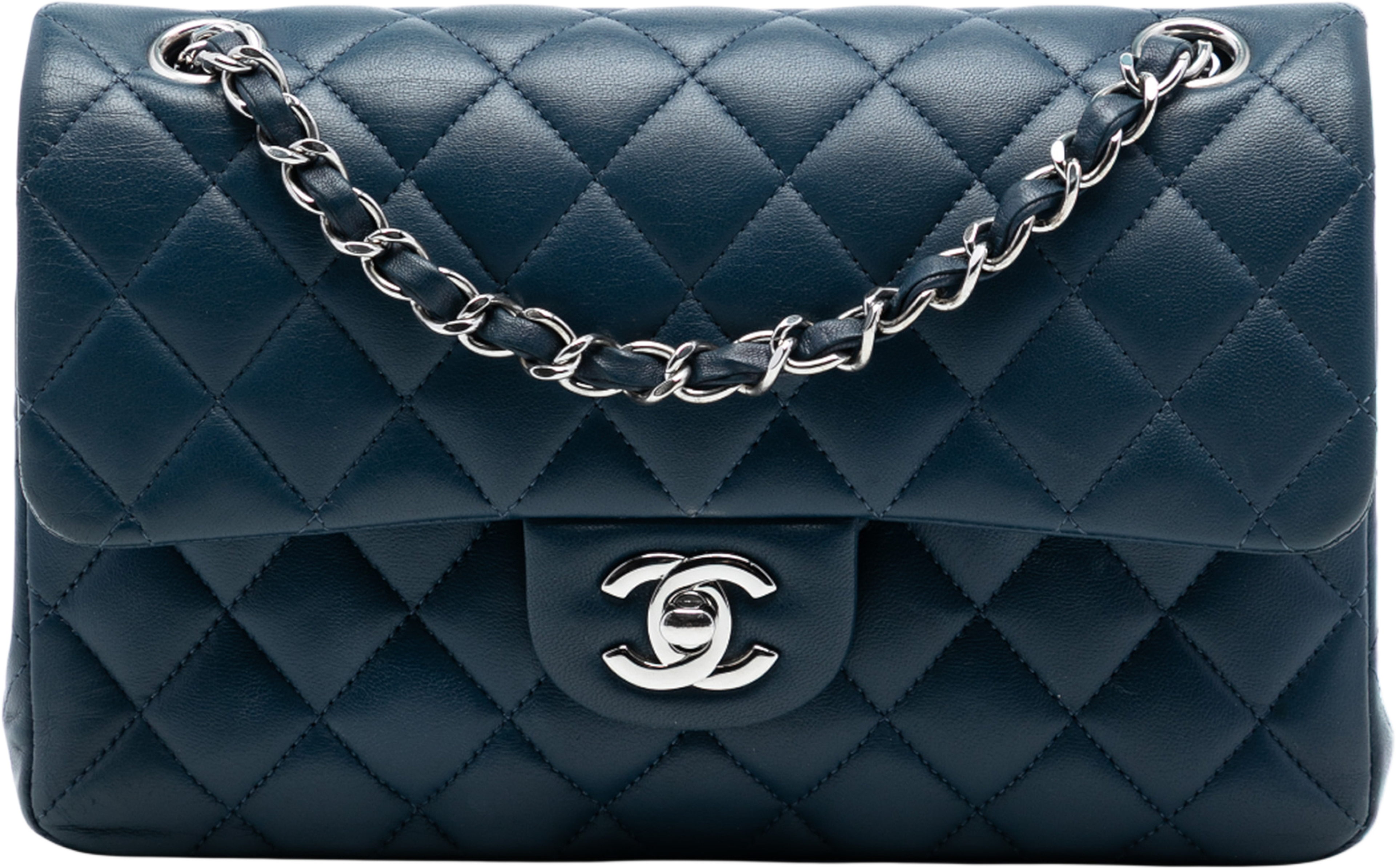 Chanel Small Classic Lambskin Double Flap, från Luxclusif, i färgen dark blue. Klicka för att öppna bilden i stort format