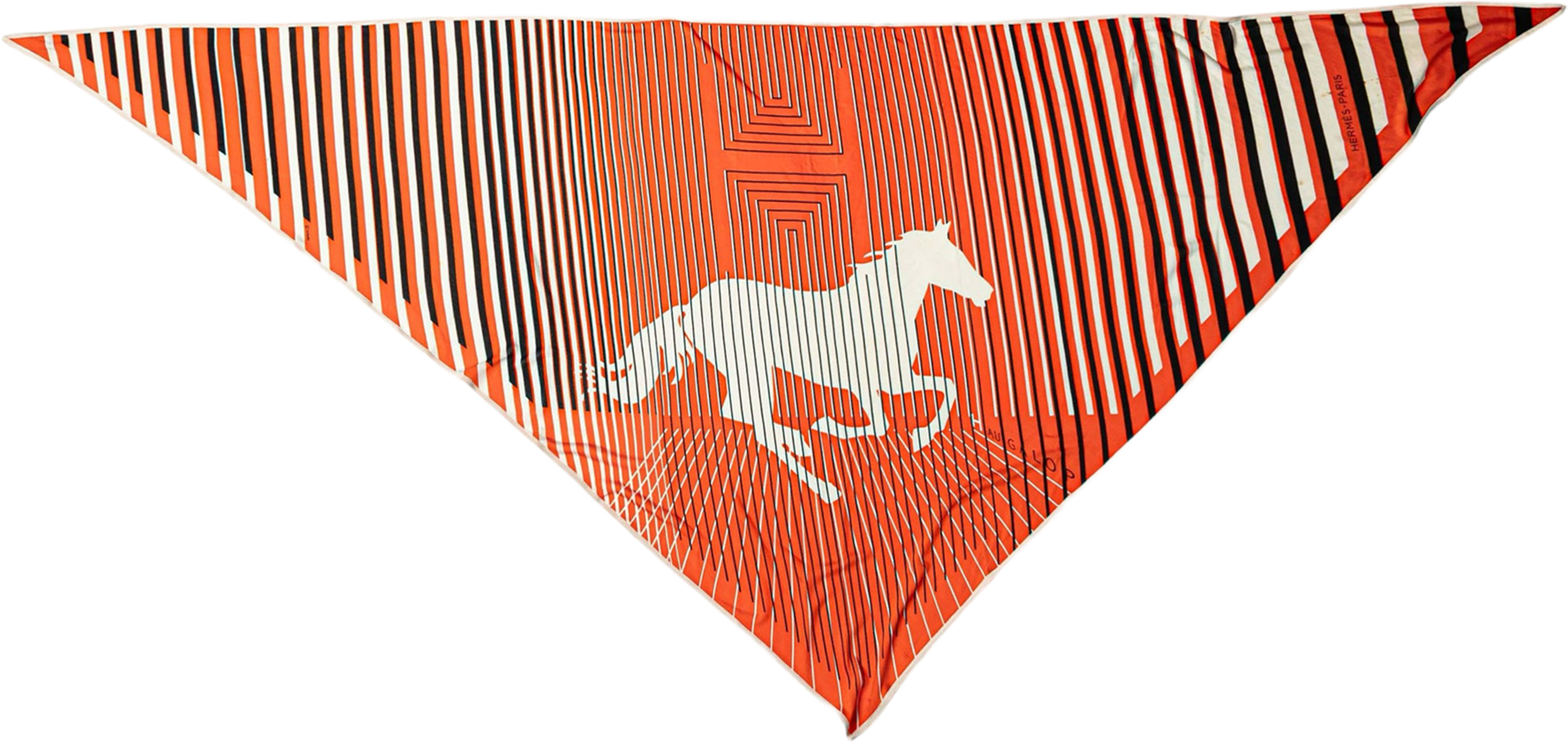 Hermès Triangular H Au Galop Silk Scarf, från Luxclusif, i färgen red orange. Klicka för att öppna bilden i stort format
