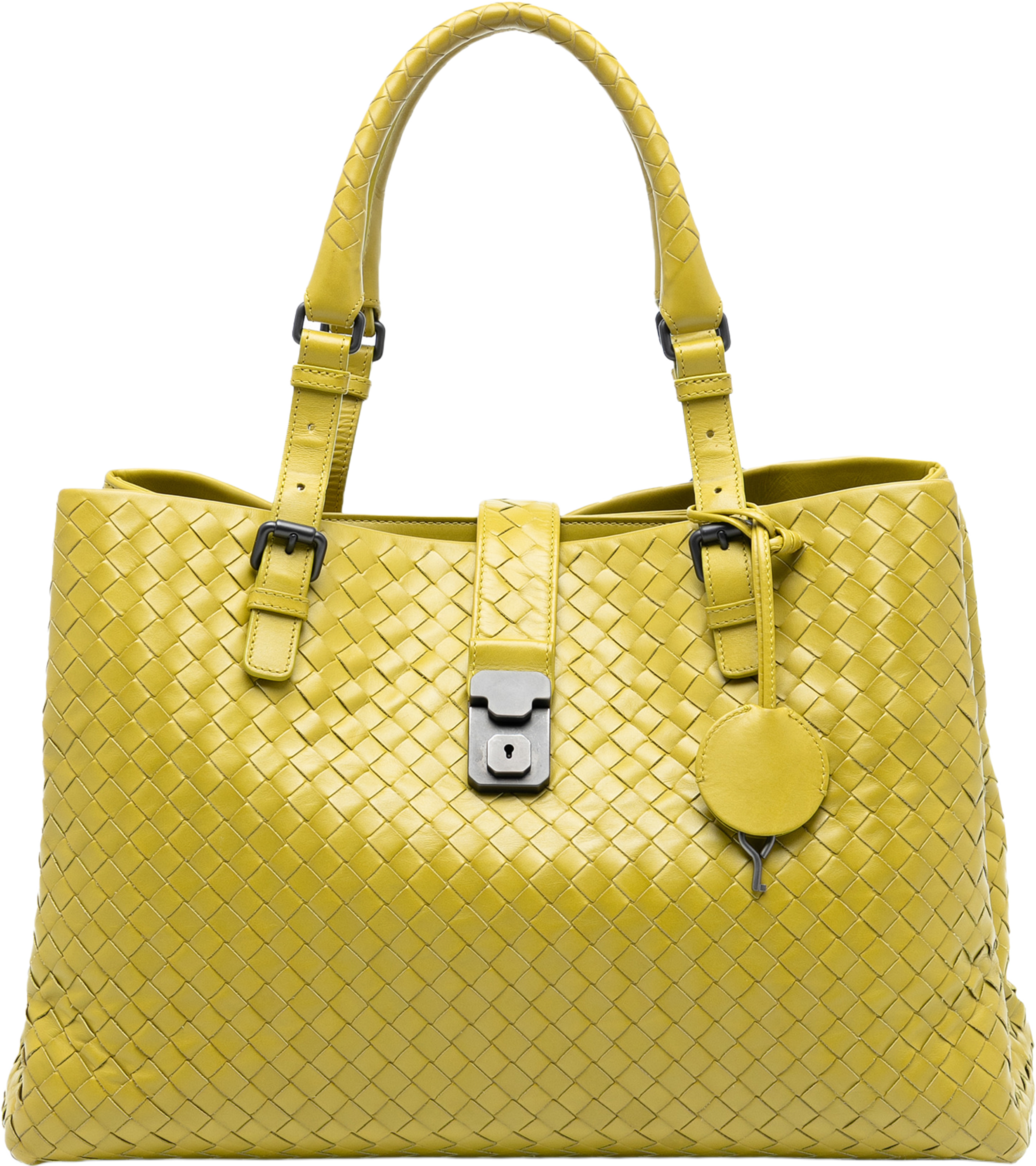 Bottega Veneta Medium Nappa Intrecciato Roma Tote, från Luxclusif, i färgen neon yellow. Klicka för att öppna bilden i stort format