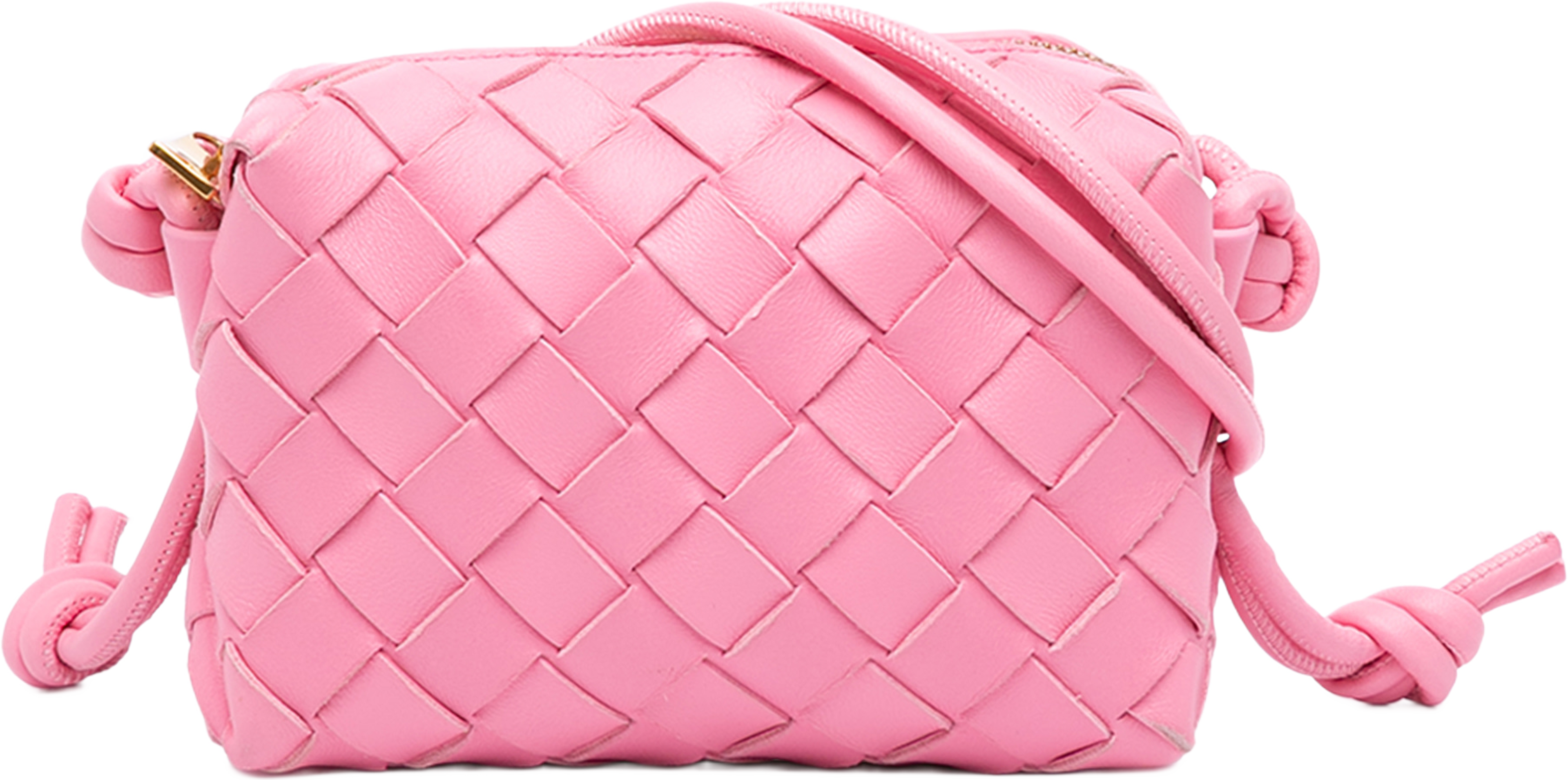 Bottega Veneta Candy Lambskin Intrecciato Loop Camera Bag, från Luxclusif, i färgen rosa. Klicka för att öppna bilden i stort format