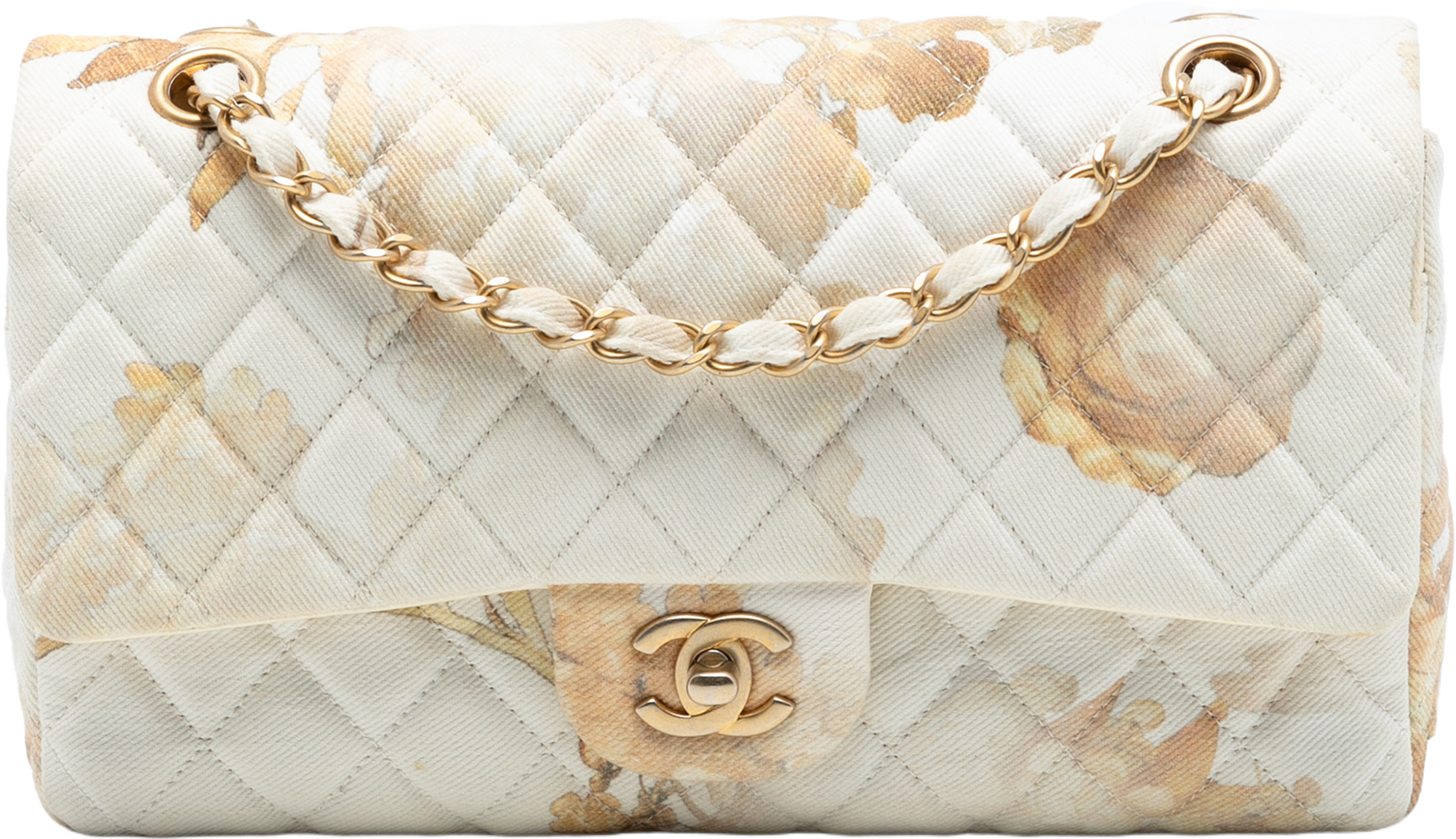 Chanel Medium Classic Printed Denim Floral Double Flap, från Luxclusif, i färgen light beige. Klicka för att öppna bilden i stort format