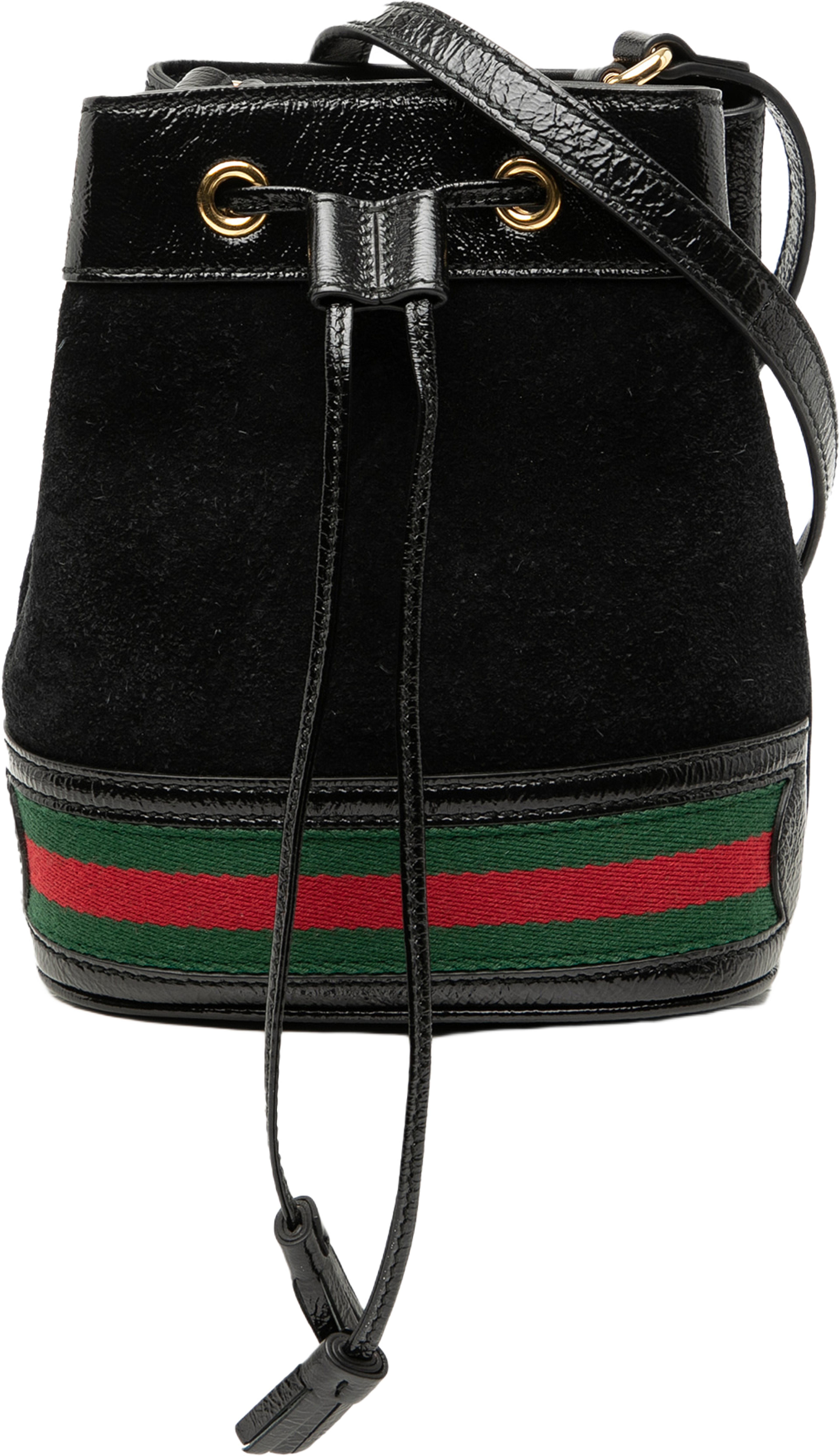 Gucci Mini Suede And Patent Web Ophidia Bucket Bag, från Luxclusif, i färgen black. Klicka för att öppna bilden i stort format