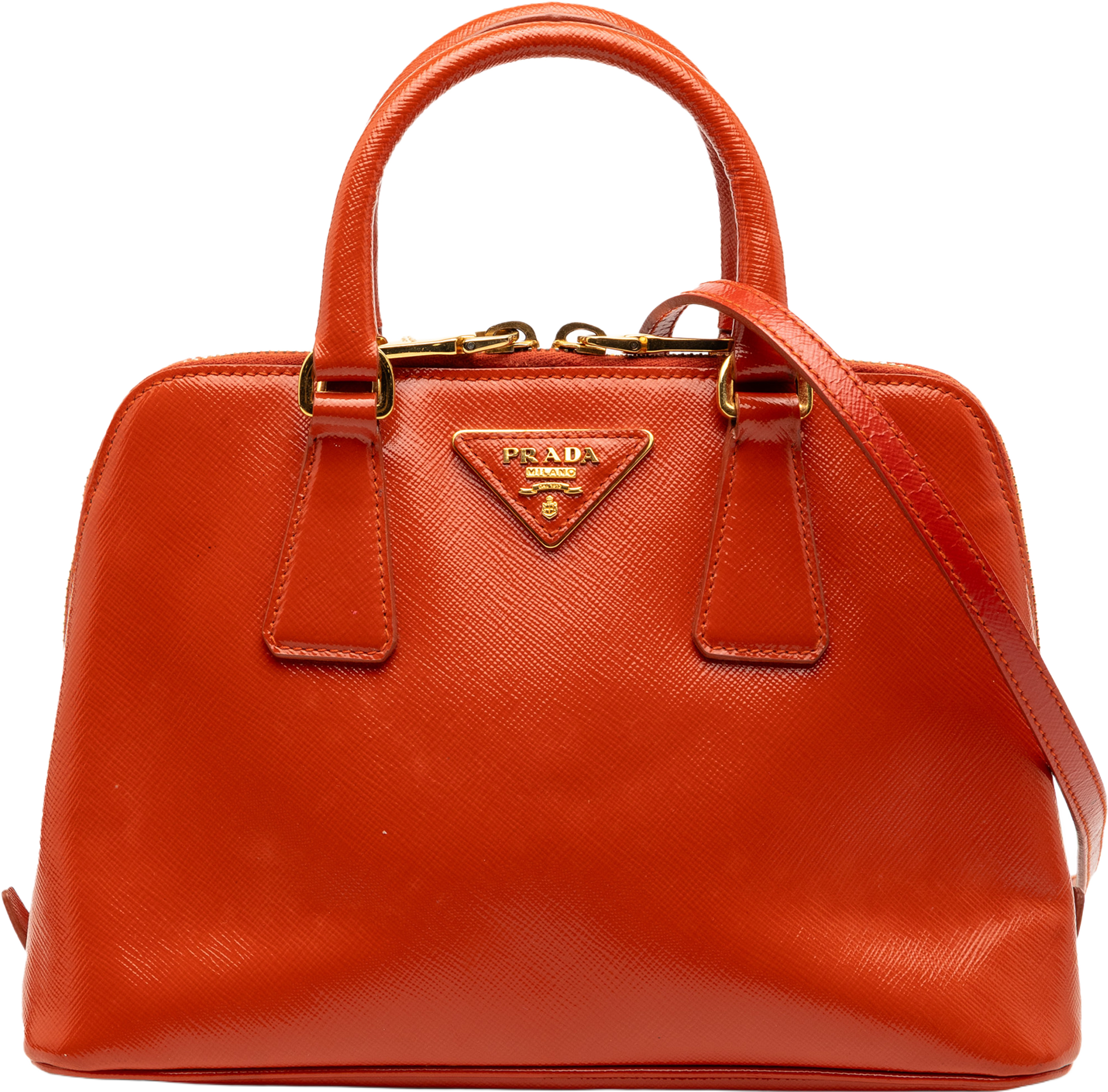 Prada Small Saffiano Vernice Promenade Satchel, från Luxclusif, i färgen dark orange. Klicka för att öppna bilden i stort format