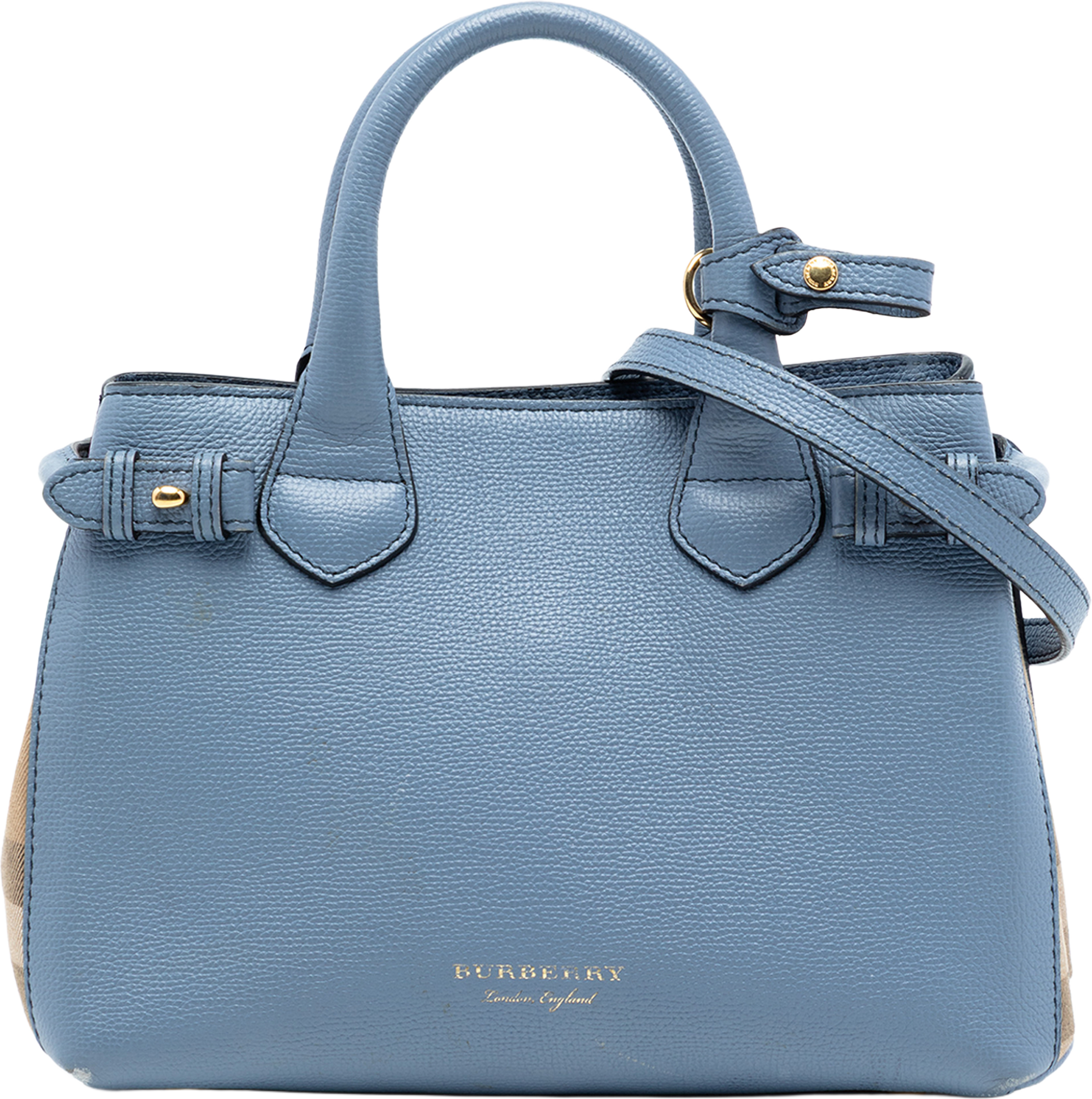 Burberry Small Leather And House Check Banner Satchel, från Luxclusif, i färgen light blue. Klicka för att öppna bilden i stort format